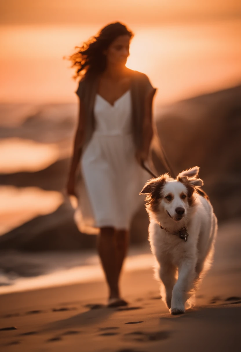 Crie o retrato de uma jovem com cabelo branco na praia, walking your dog at sunset