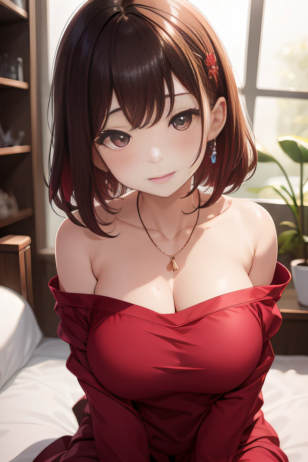 Blushing cheeks、shyly smile、optic、Upper body naked、Lovely woman,48 years old Shirtless、florals、hair pin、a necklace、piercings、Sleeping face down on the bed、depth of fields、pointed red mouth、Glossy reddish-brown shorthair、disheveled ponytail、closing eye、鎖骨、Beautiful fingers、Hourglass body、portrait of a full body、Yawn with mouth wide open、Grimacing in pain、Angle from behind、Look back and watch your audience、