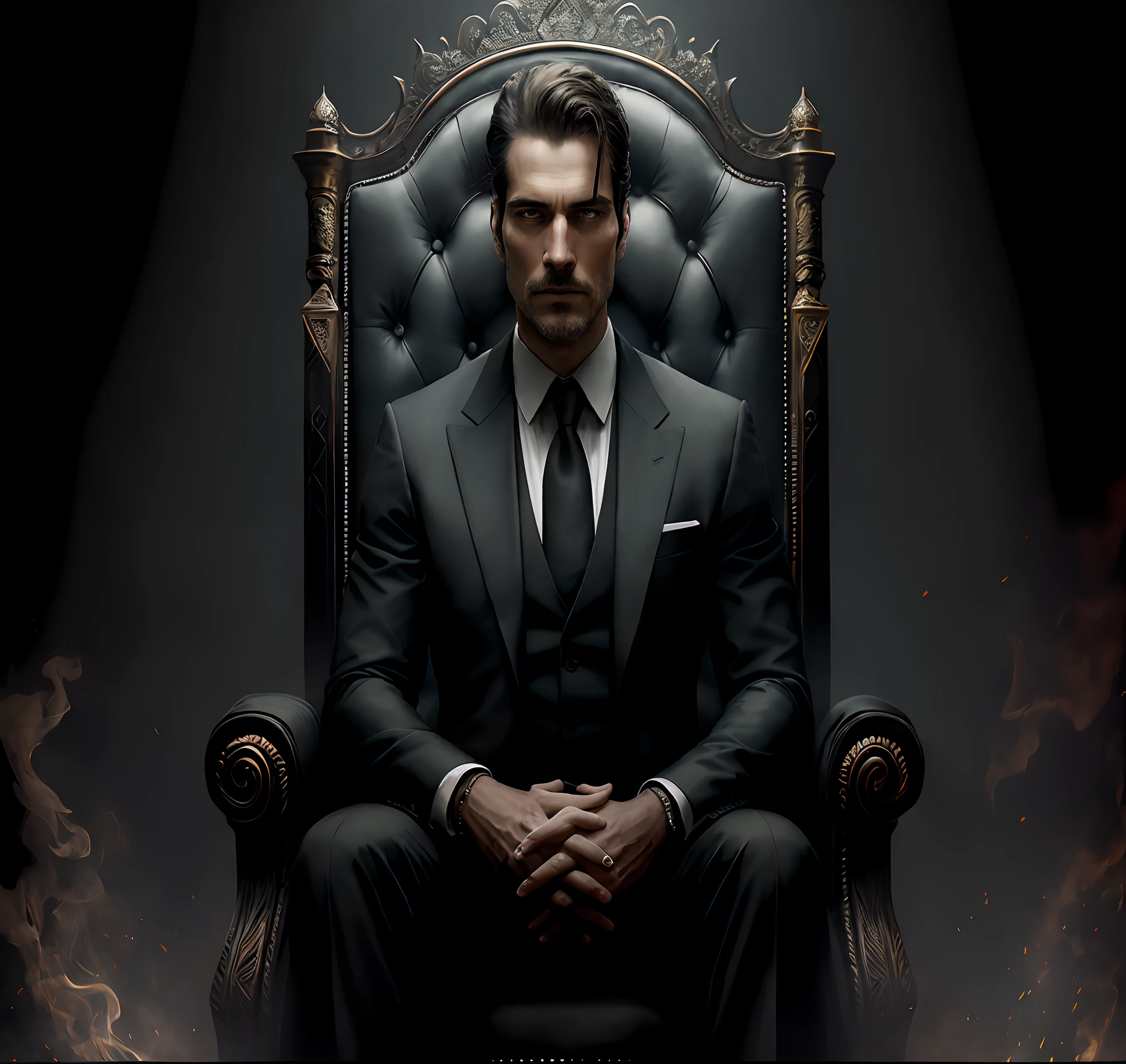 MAN IN BLACK SUIT ON A THRONE dark sitting: realistic epic, soft cinematic portrait, adobe lightroom, photographic lab, highly detailed, faded, (neutral colors: 1.2), (hdr: 1.4) , (soft colors:1.2), hyperdetailed, (artstation:1.4), cinematic, warm lights, dramatic light, (intricate details:1.1), complex background, (rutkowski:0.66), (blue and orange:0.4)