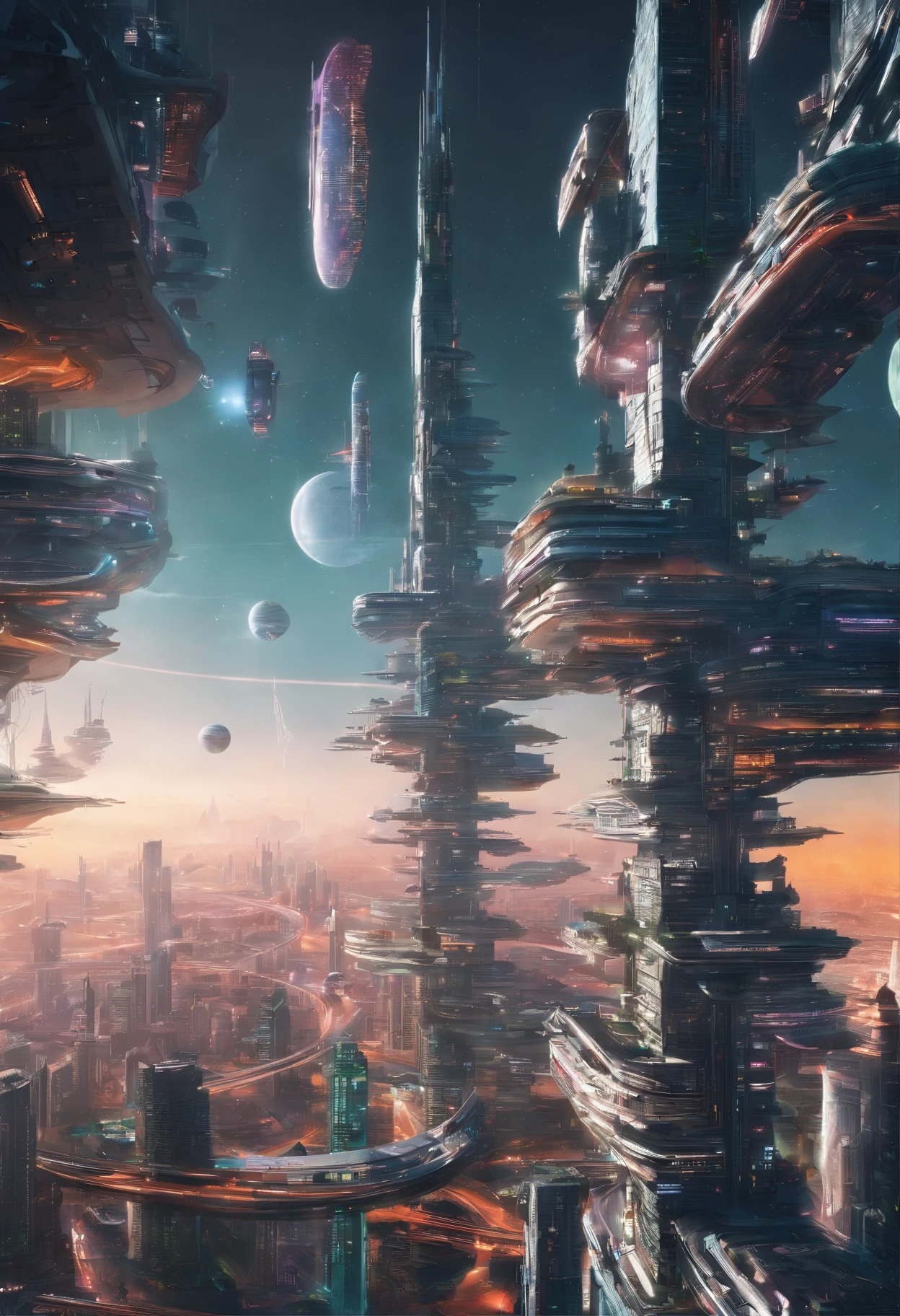 cyberpunked　futuristic cities　A space station　utopian　A beautiful futuristic city lined with skyscrapers　planet earth　dream　Anti-gravity world　ＳＦCities Huge Structures