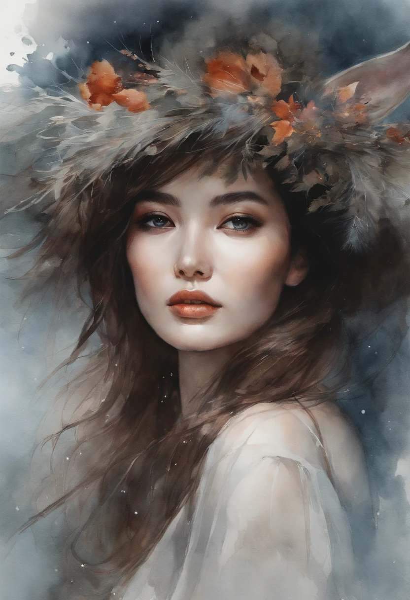 muted watercolor painting by Hieu Nguyen, kelogsloops, winter, face of Ariel Lin standing, bunny girl, concept winter art, lushill fire art, moonlight, wide eyes, illustration, watercolor painting, concept soft art, high quality illustration art by Hieu Nguyen,, Carne Griffiths and Wadim Kashin