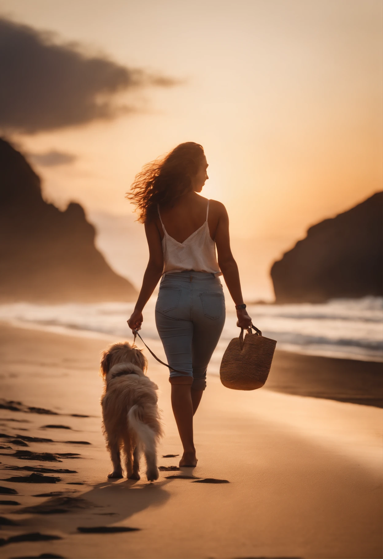 Crie o retrato de uma jovem com cabelo branco na praia, walking your dog at sunset