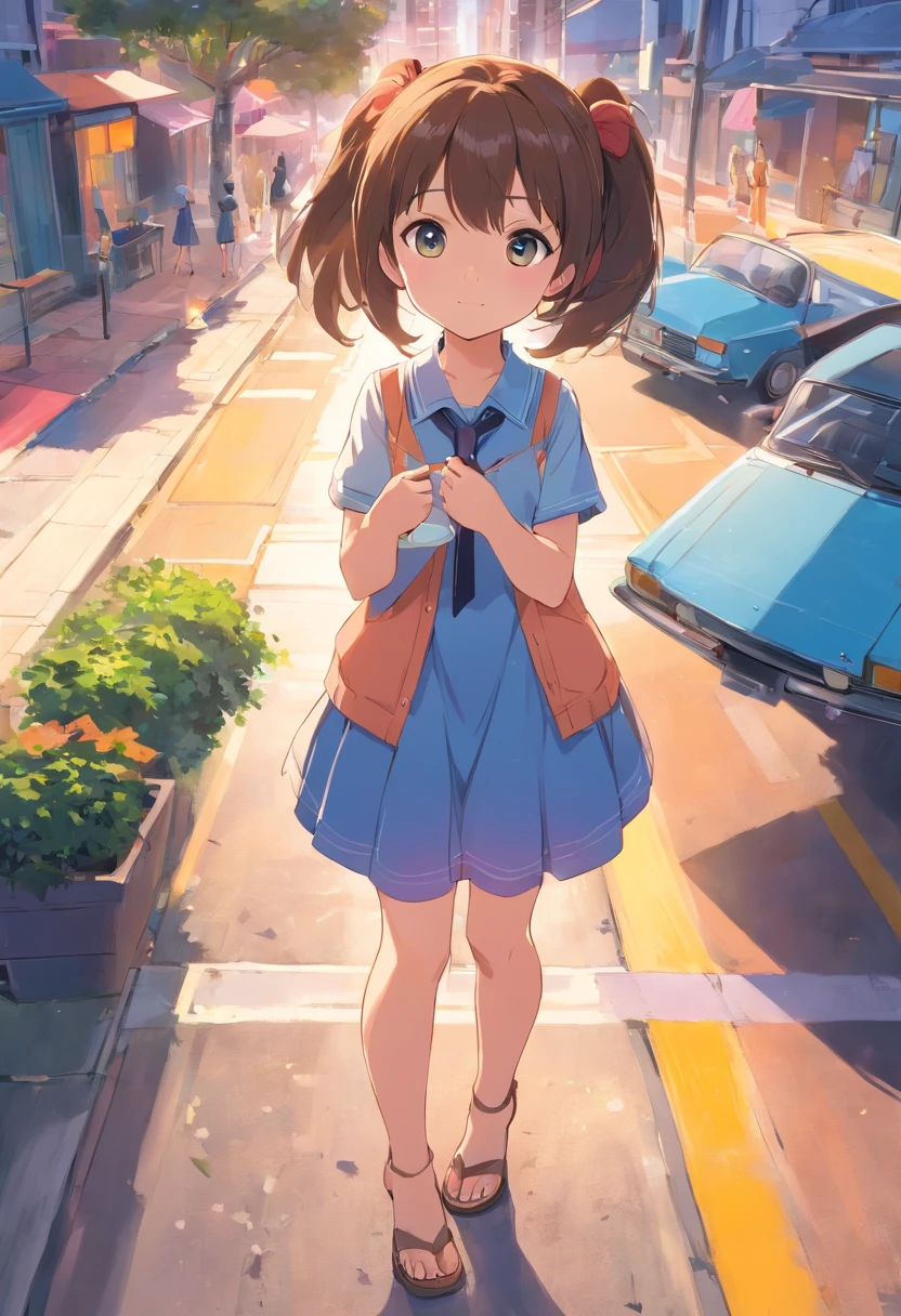 Nice Loli，barefoot，barriga para baixo，head looking up，Lift your feet，Vestidos de turno，Calcinha Branca，olhos grandes，Anime cara bonita, carro da SWAT No fundo, meme