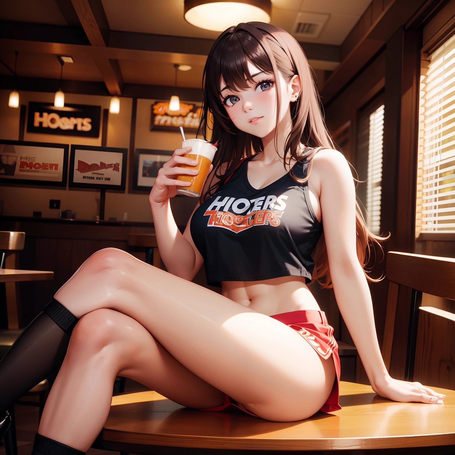 Mixed Hooters restaurant employee girl posing with crossed legs