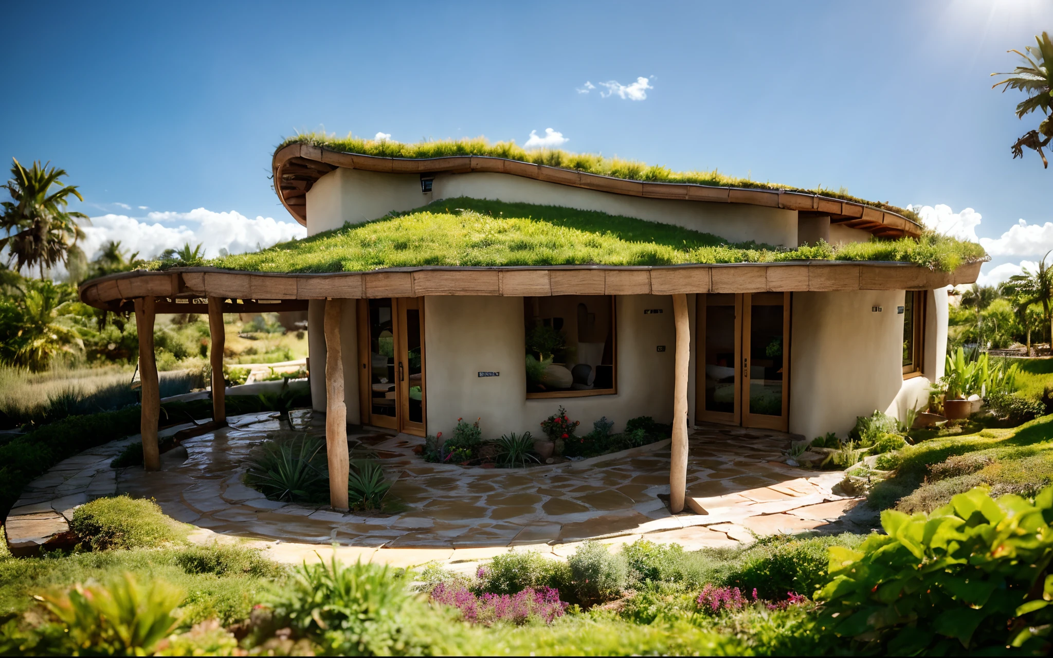 A photography of a small house with a green roof and a covered porch, wooden pillar in porch, wall with plaster ((rustic mud stucco santa fe style)) and (((2 brick walls where there are doors))), (((wave shape greenroof with a wood edge))), (((wood and rake fascia roof))), eaves, ((timber frame roof)), in the bali (((tropical garden))), ((rounded corners walls)), ((rustic mud plaster)), (((curved organic rounded corners walls))), (((rustic earth plaster, mud clay stucco))), natural houses, bali style, Organic Buildings, Organic Architecture, Earthworks, Ecovillage, Sustainable Architecture, Biobuilding, Solarpunk Architecture, (((Grass Roof, Green Roof, Green Wave Roof, Rounded Roof, vegetated roofs))), green architecture, Passive house, Rock Foundation, clean sky in background, Interdimensional Villa, a painful beauty, organic architecture, green house, Super Resolution, cinematic, color grading, editorial photography, photography, Photo Shoot, front eye top angle view dramatic, Spring 50mm, Depth of Field, Intricate Details, Natural Colors, Sharp Focus, Warm Light, Shutter Speed 1/1000, F/22, White Balance, Ray Trace Reflections, Lumen Reflections, Screen Space Reflections, Diffraction Classification, Chromatic Aberration, GB Offset, Partial Illumination, Backlight, Natural Illumination, Sweep Lines, Ambient Occlusion, Anti-Aliasing, Shaders, OpenGL-Shaders, GLSL-Shaders, Post Processing, Post Production, The Shading, Tone Mapping, Insanely detailed and intricate, hypermaximalist, elegant, hyperrealistic, super detailed, dynamic pose, Fujifilm XT3