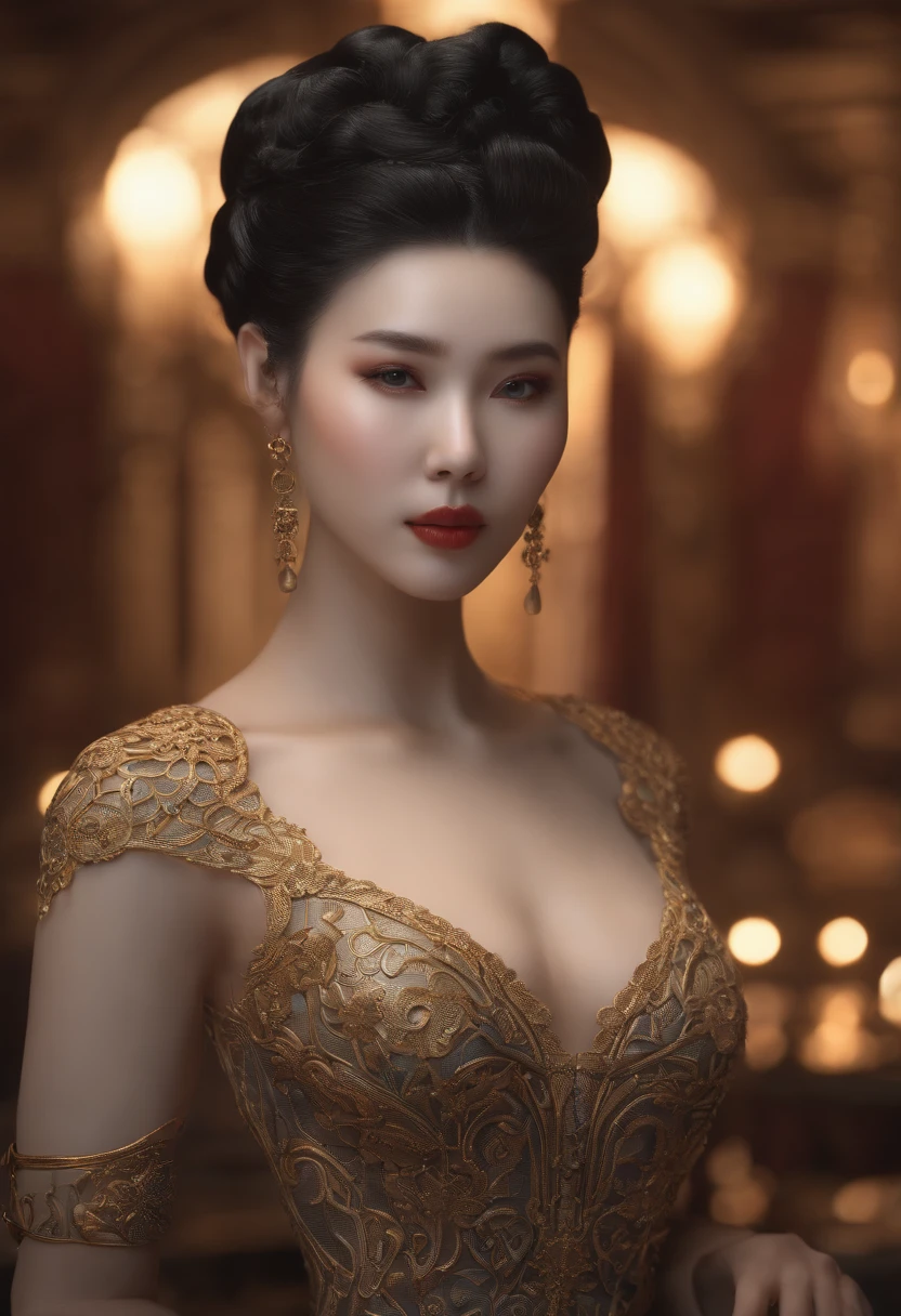 Character sheet, ultra-detailed complex 3d rendering with porcelain profile of Vietnamese character, maximalist beautiful studio soft light, rim lighting, vibrant details, lace, hyper-realistic, hand, facial muscles, electric wires, microchip, elegant, beautiful background, octane, H.R. style giger