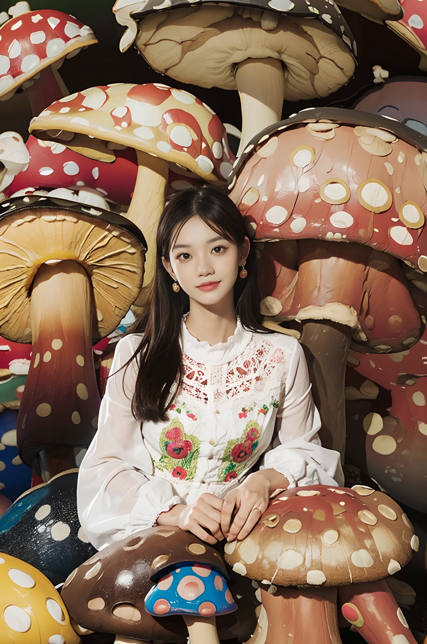 Smiling,Face focus,(alebrijes art style), a couple of lesbians sitting together on a (giant mushroom:1.4),fantastical world,fantasy,lewd,leering:1.3,Masterpiece, Best quality, intricately details, absurderes,,(ulzzang-6500-v1.1,pureeroface_v1,octane rendering)