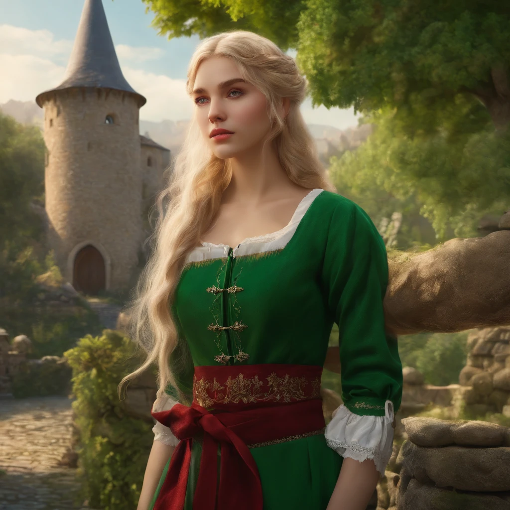 top-quality, masterpiece, ultra-detailliert, Girl Like an Elf, 独奏, blonde hair, green clothing, Being in a European village, Sad look