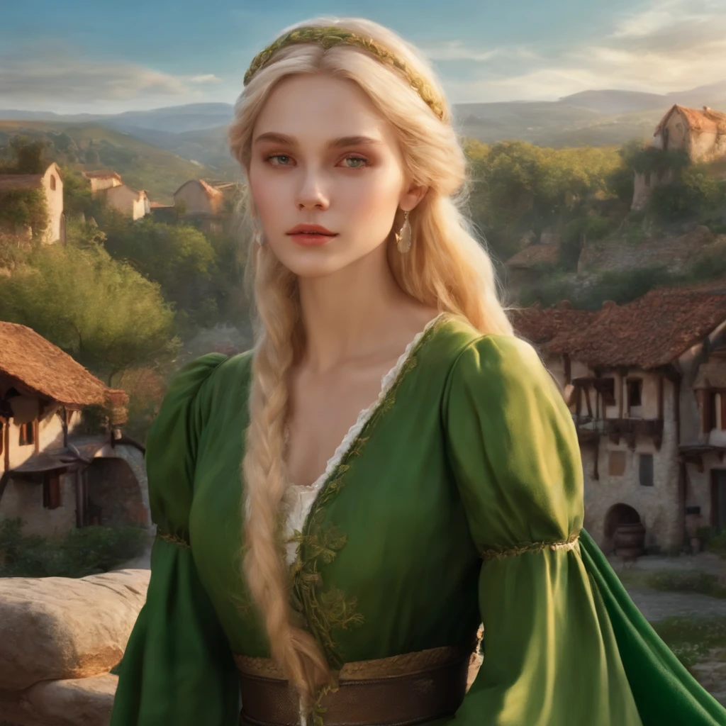 top-quality, ​masterpiece, ultra-detailliert, Girl Like an Elf, 独奏, blonde  hair, green clothing, Being in a European village, Sad look