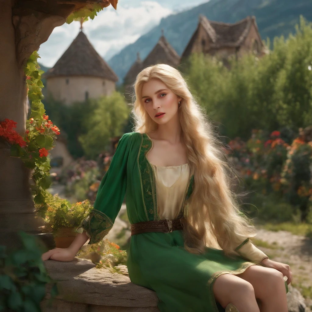 top-quality, ​masterpiece, ultra-detailliert, Girl Like an Elf, 独奏, blonde  hair, green clothing, Being in a European village, Sad look