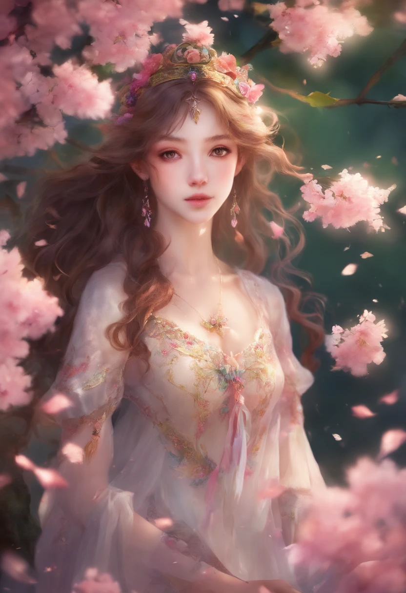 (highres:1.2, realistic:1.37), vibrant colors, surreal, ethereal, enchanting, (fantasy, whimsical:1.1), female, cherry blossom, hybrid, (detailed, intricate:1.1) floral patterns, magical, (flowing, long) hair, (delicate, graceful) pose, (luminous, glowing) skin, (exquisite, intricate) costume, (dreamlike, hazy) background, (soft, gentle) lighting