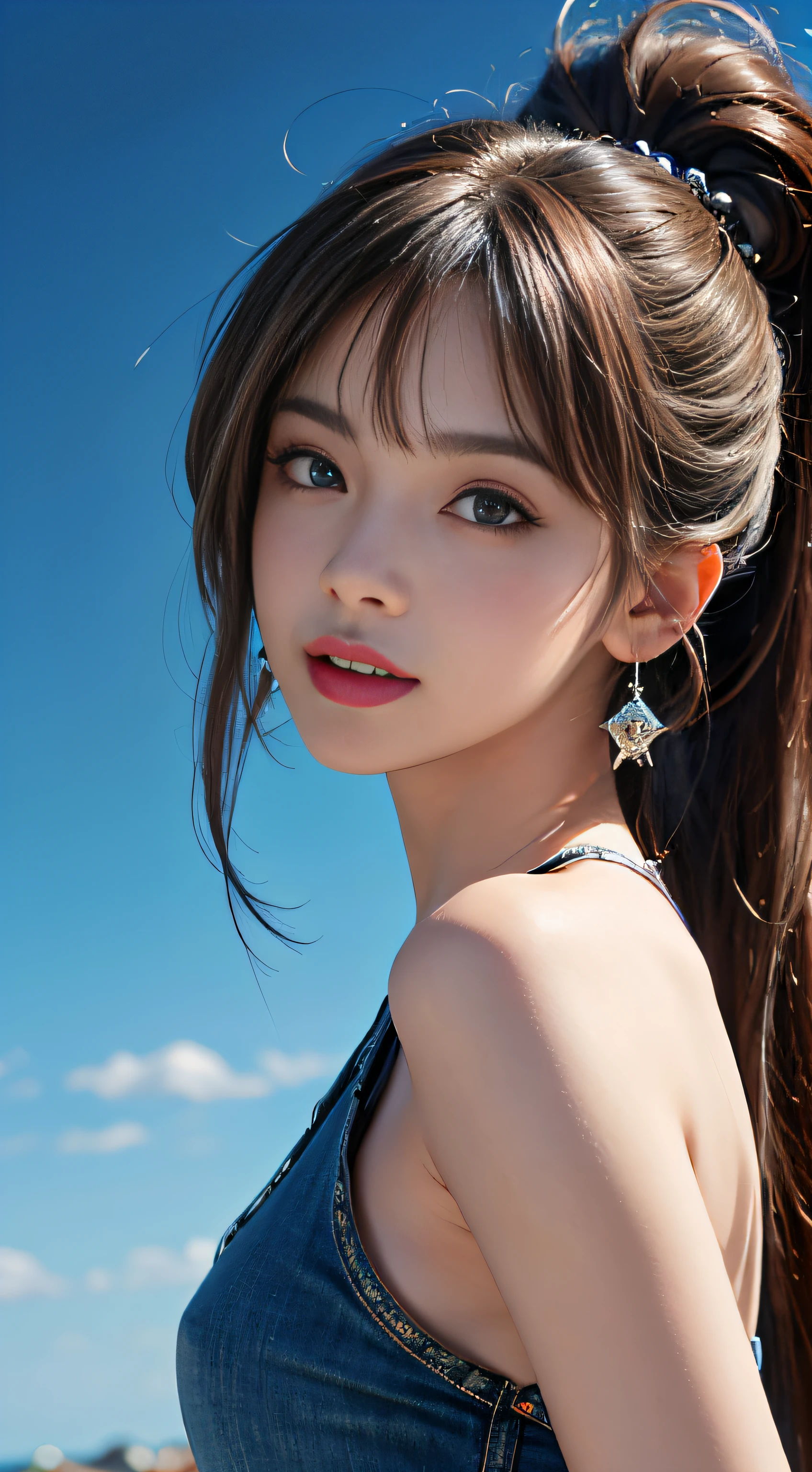 1girl, silver hair, brown hair, blunt bangs, floating hair, long hair, kamina shades, aqua eyes, pupils sparkling, longeyelashes, earrings, makeup, smile, parted lips, depth of field, first-person view, from behind, from side, upside-down, f/1.8, 135mm, Canon, UHD, retina, masterpiece, ccurate, anatomically correct, textured skin, super detail, high details, high quality, best quality, highres, 1080P, HD, 4K, 8k