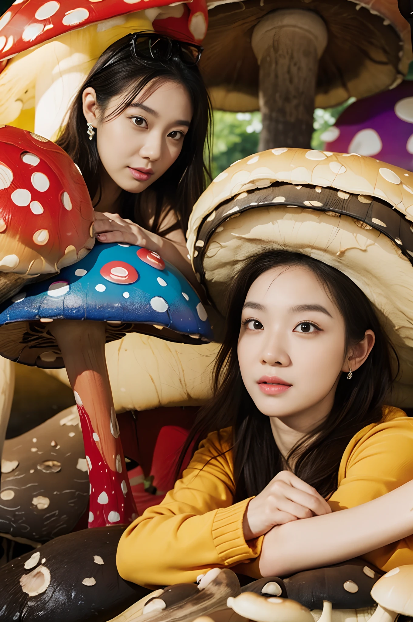 Smiling,Face focus,(alebrijes art style), (a couple of lesbians:1.4) sitting together on a (giant mushroom:1.4),fantastical world,fantasy,lewd,leering:1.3,Masterpiece, Best quality, intricately details, absurderes,,(ulzzang-6500-v1.1,pureeroface_v1,octane rendering)