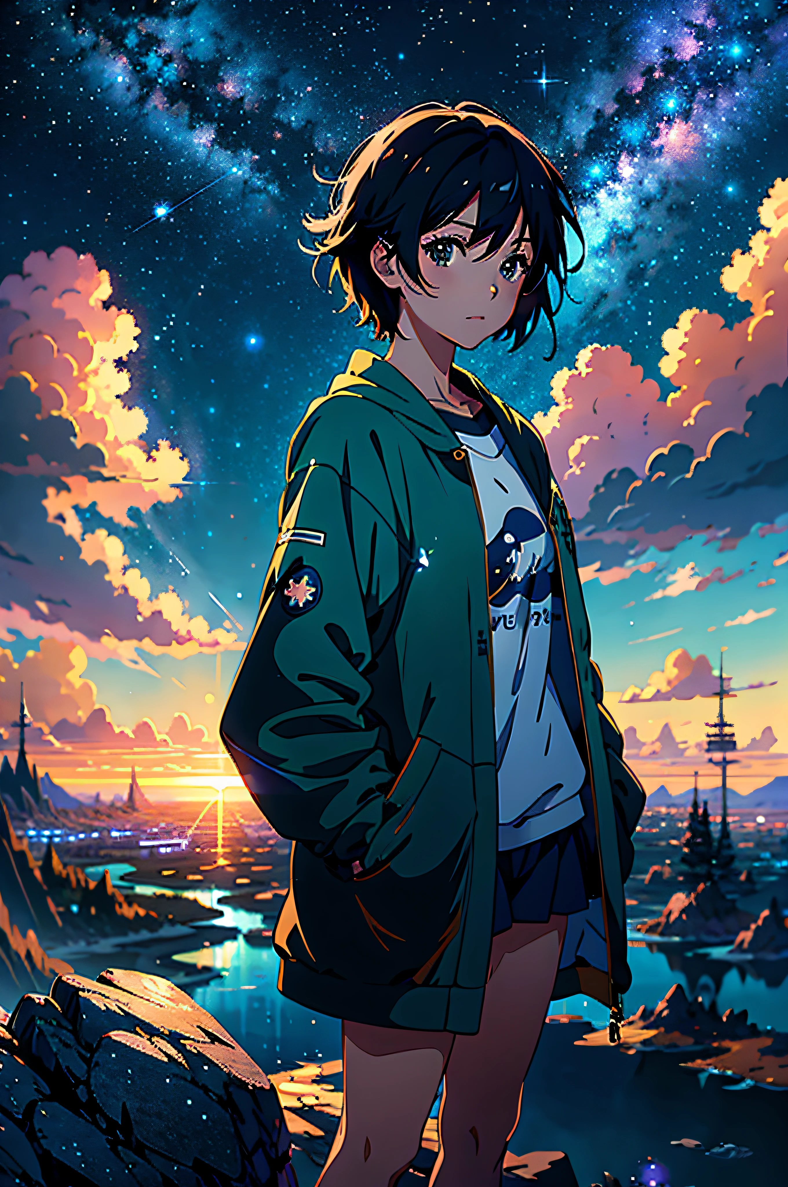 Anime girl standing on a rock looking at blue-green starry sky, makoto shinkai cyril rolando, anime art wallpaper 4k, anime art wallpaper 4k, Anime art wallpaper 8k, cosmic sky. by makoto shinkai, inspired by Cyril Rolando, in the style dan mumford artwork, amazing wallpapers, by Yuumei
