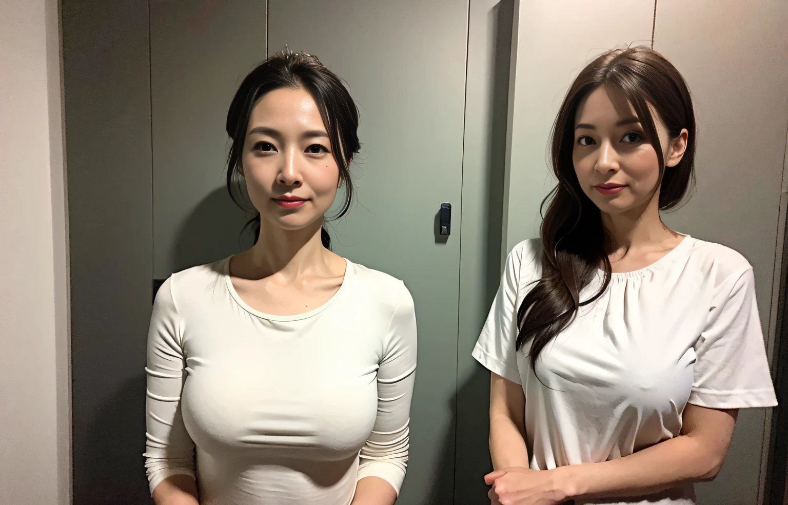 masterpiece,best quality, (6 milfs stands), ((close up:0.5, from front)), ((cross arms)), glare, physically-based rendering, white blouse, (Clothes with big Cleavage View:0.2), double eyelid, eyelash, lip gloss, (angry:1), ((standing, surround)), ((Looking at Viewer, look down)), RAW, (from below:1), long hair, updo hair style, 20 to 40 years old, (no body locker room),