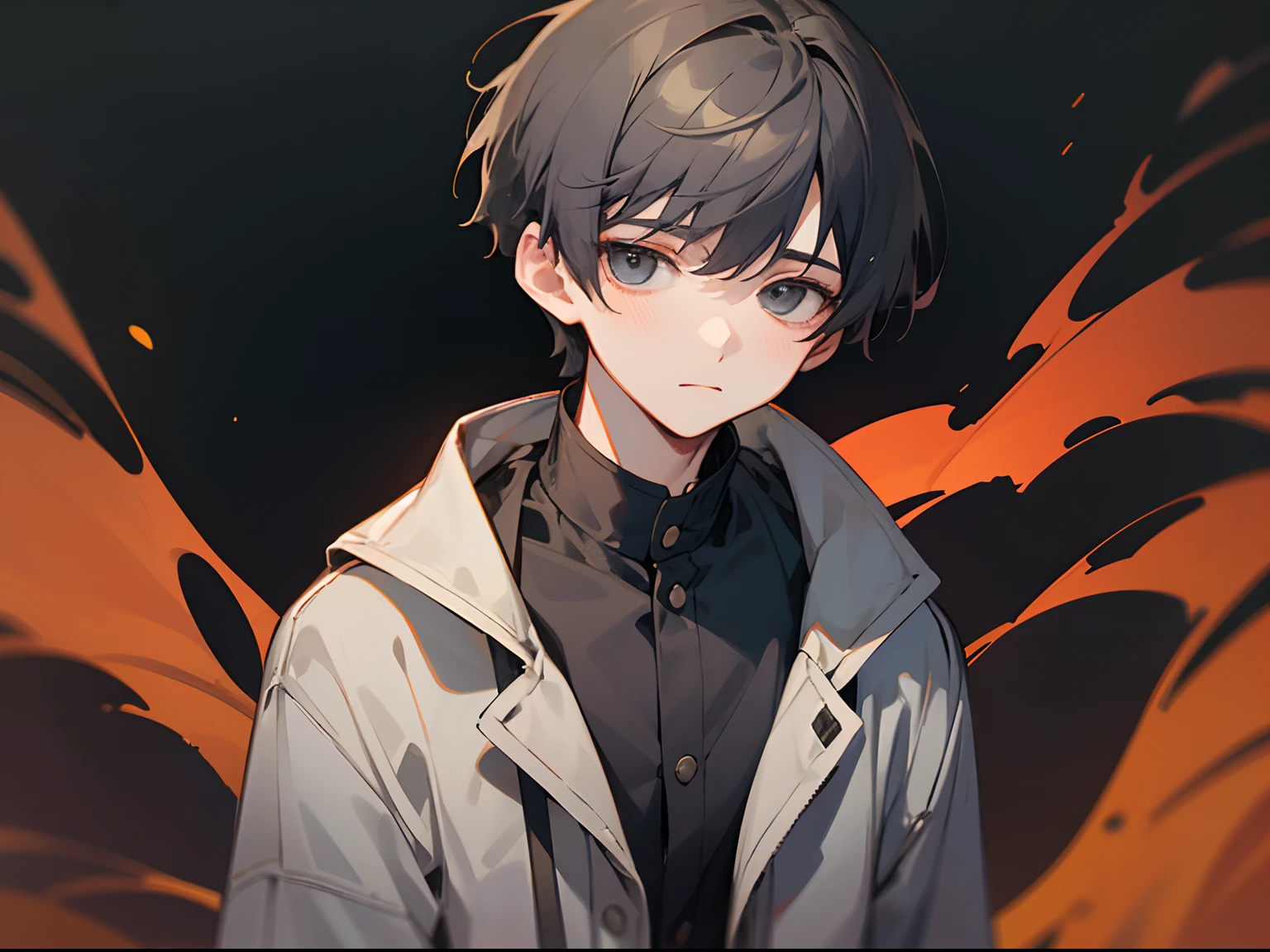 Sober young man、jaket、Gray attire、Black short-haired、Not even a young man、white backgrounid、dead eyes、Wild youth、short-haired、