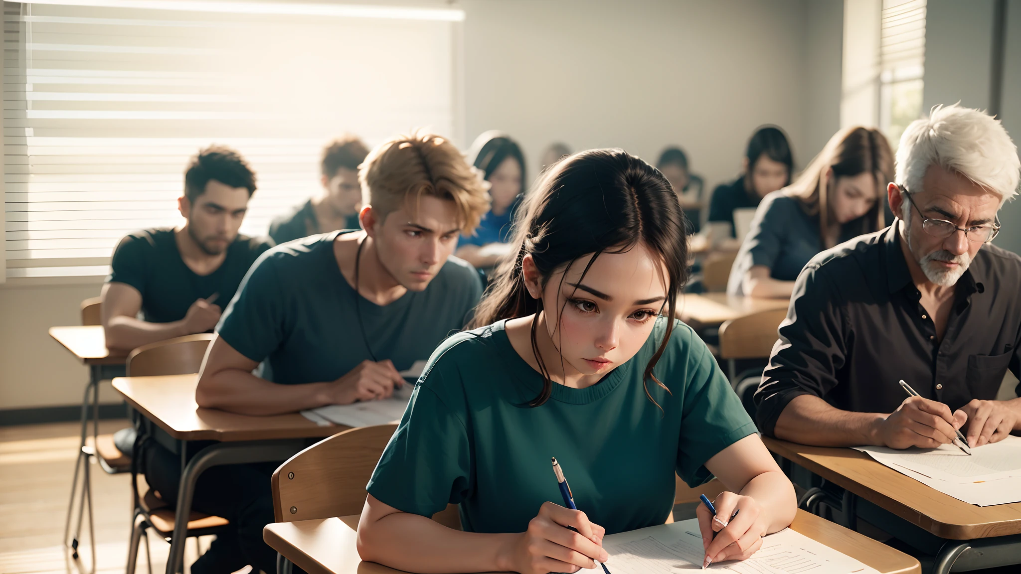 people taking tests in class, 8k, ultra realistic (photorealistic), vibrant details, sharp focus, studio photo, ultra detailed, polarized filter, professional lighting, --auto --s2