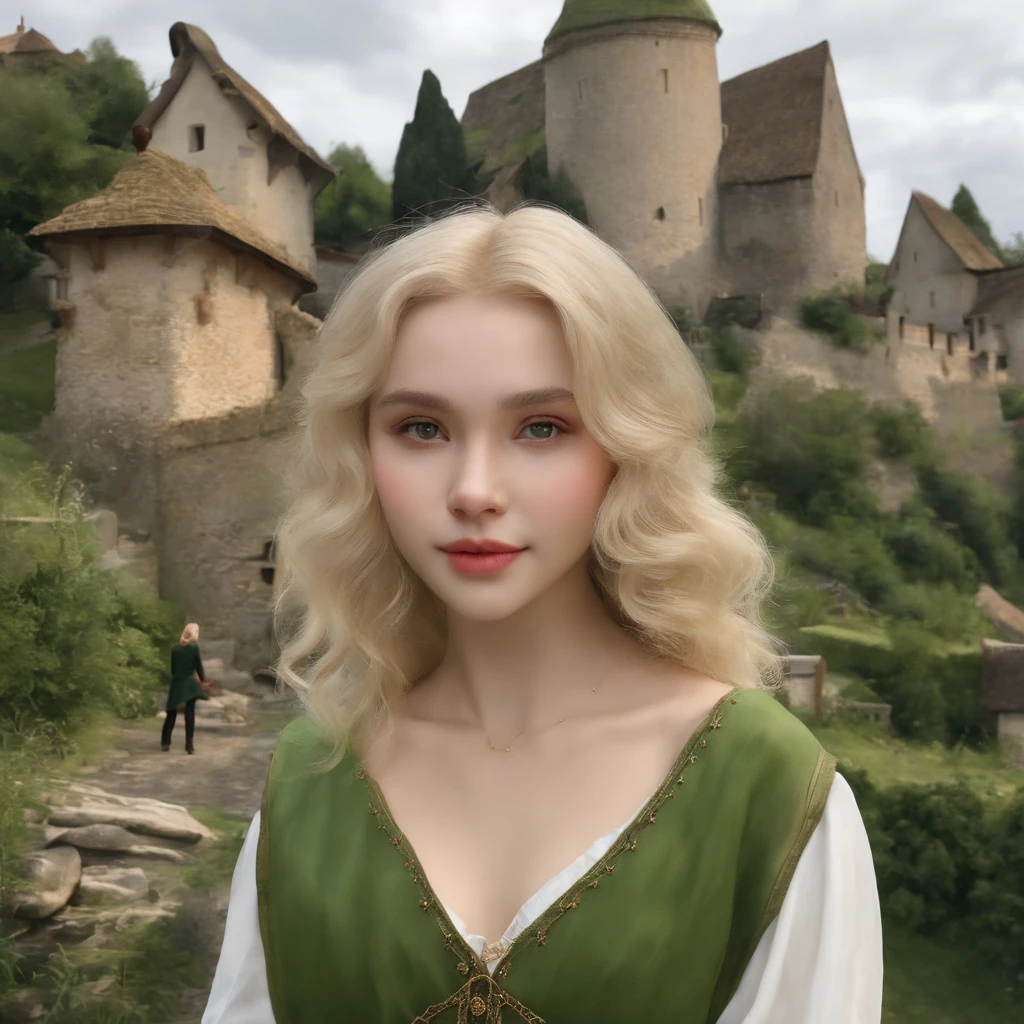top-quality, masterpiece, ultra-detailliert, Girl Like an Elf, 独奏, blonde hair, Green clothing, Being in a European village
