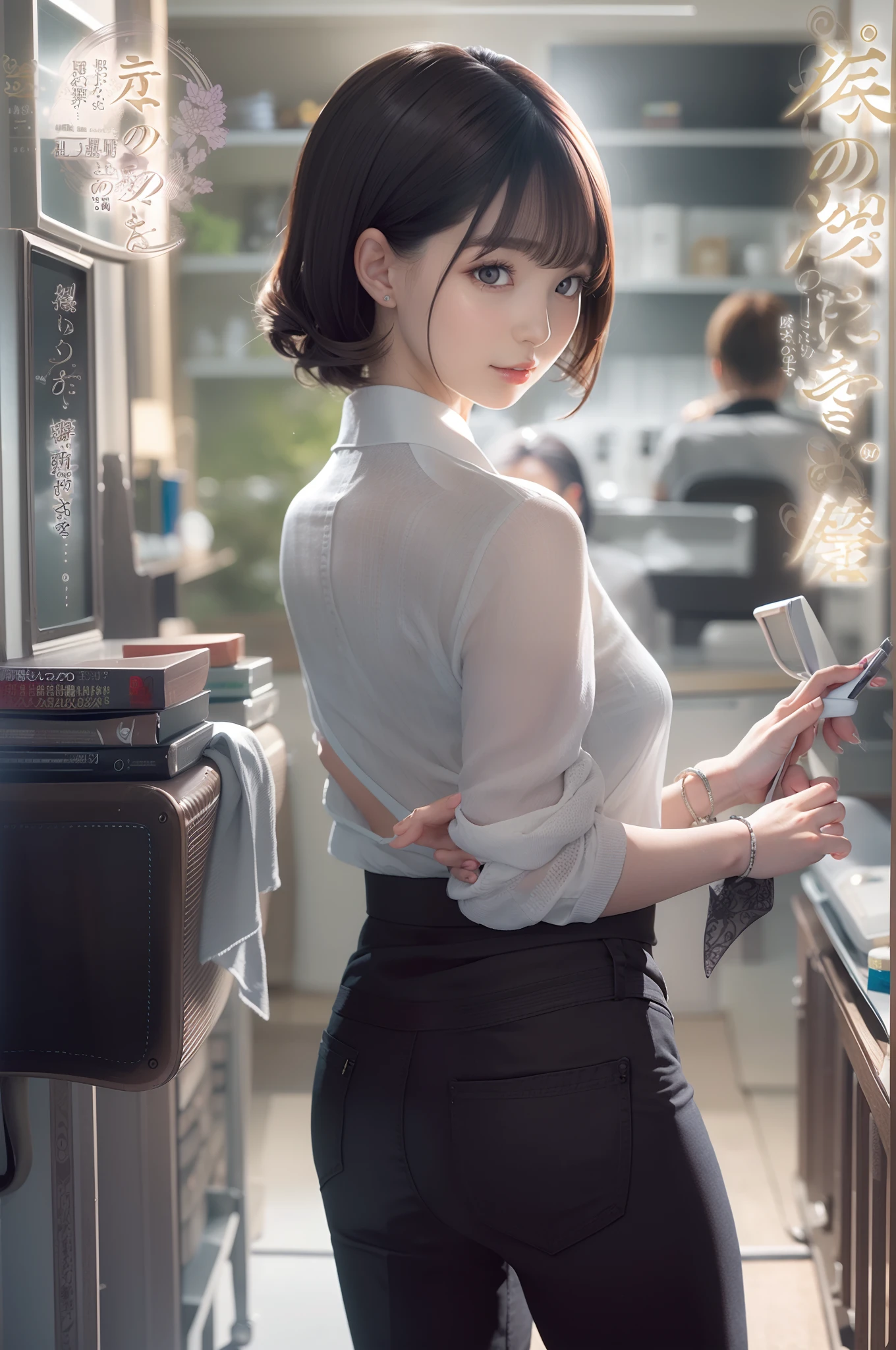 Work in a beauty salon、femele、short-cut、White shirt、Black pantaloons、back lighting、Looking at the camera