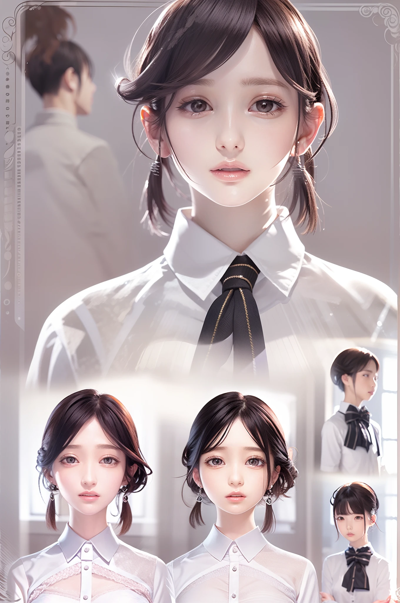 Work in a beauty salon、femele、short-cut、White shirt、Black pantaloons、back lighting、Looking at the camera