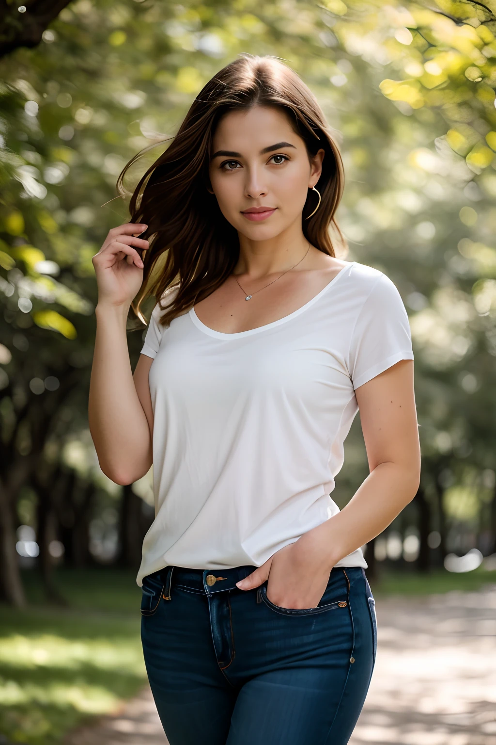 a woman modeling a white t-shirt, in a park, image for use as a mockup,illustration, detailed facial features, soft natural lighting, high-resolution, vibrant colors, realistic rendering, stunning, bokeh, outdoor setting, beautiful model, casual pose, green surroundings, summer vibes, trendy fashion, sunlight streaming through trees, perfect fit, confident expression, summer fashion, professional photography, visual representation, elegant simplicity, fashionable style, fashion blogger, mockup design, product display, showcasing apparel, photo-realistic, high-quality mockup, showcase the t-shirt design, perfect for advertising, marketing materials.