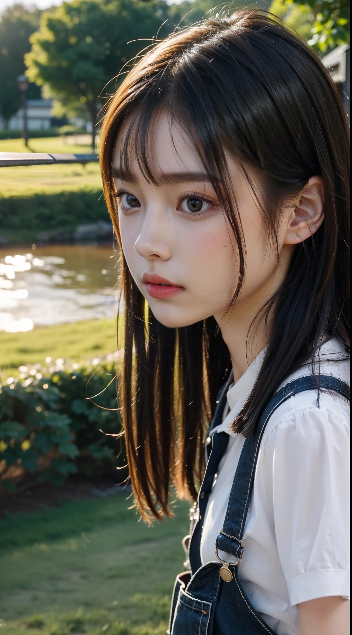 A little girl walking by the river、There is a Shiba Inu next to the girl,eine Katze,Cute little girl s,grassy fields,early evening、,Photorealsitic,the detail,Good quality,tmasterpiece,(Photorealsitic:1.4),reality,offcial art,8K quality,Super detail,fine detail skin,Movie Angle,cinematic textures,Movie lighting,Masterpiece,Best picture quality