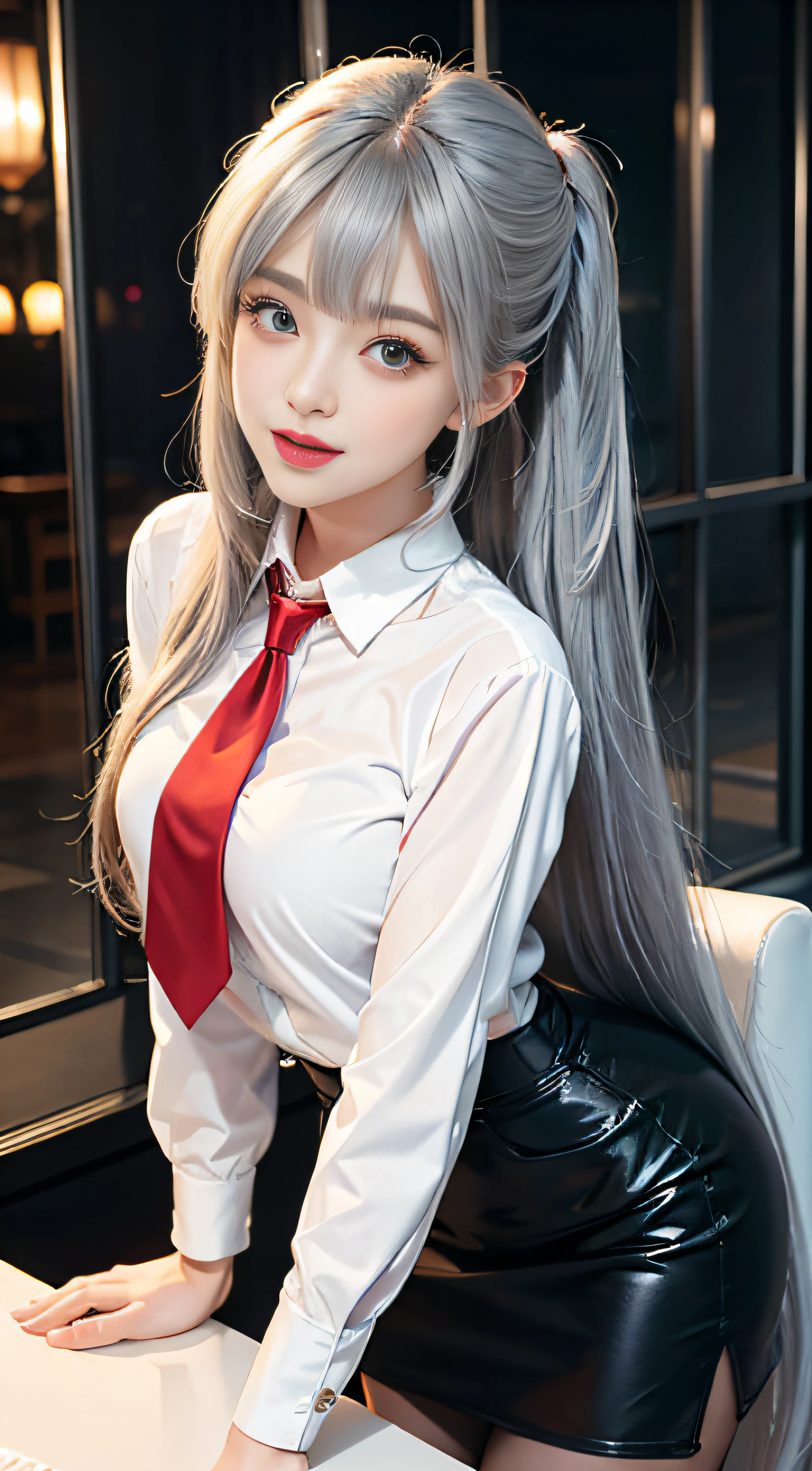 （Girl Standing In Big Office）、（（posterior view））, Silver hair, Bangs, Blunt bangs, Long straight hair, （side poneyTail）aqua eyes, longeyelashes, Solid Circle Eyes, makeup, Open mouth, blush, Parted lips, Bright pupils, smiley, Seductive smile, glint, surrealism, Modern,Career Woman、white  shirt、red necktie、Black tight skirt、Black pantyhose、high-heels