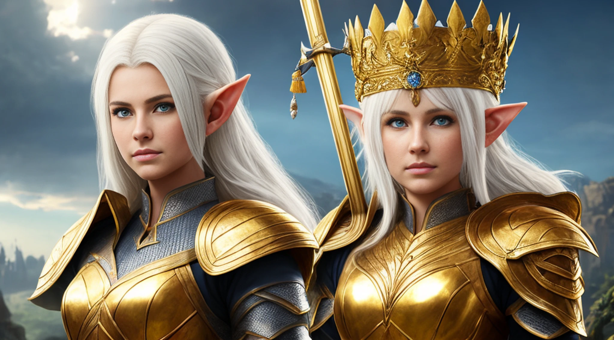 ((best quality)), ((masterpiece)), (((realistic)), (A tall, white-haired elf woman), full body, green eyes, female face, (holding a sword and shield), carved metal top, real aura, trend in artstation, sharp focus, studio photo, intricate detail, very detailed, detailed eye, illustration, very detailed, sharp focus, digital rendering, professional, 4k, (masterpiece, top quality, best quality,  official, beautiful and aesthetic art: 1.2), (golden queen's armor, fur-lined cape, jeweled crown: 1.2), serious, facing a castle, late afternoon, (sunset), facing the viewer, --auto