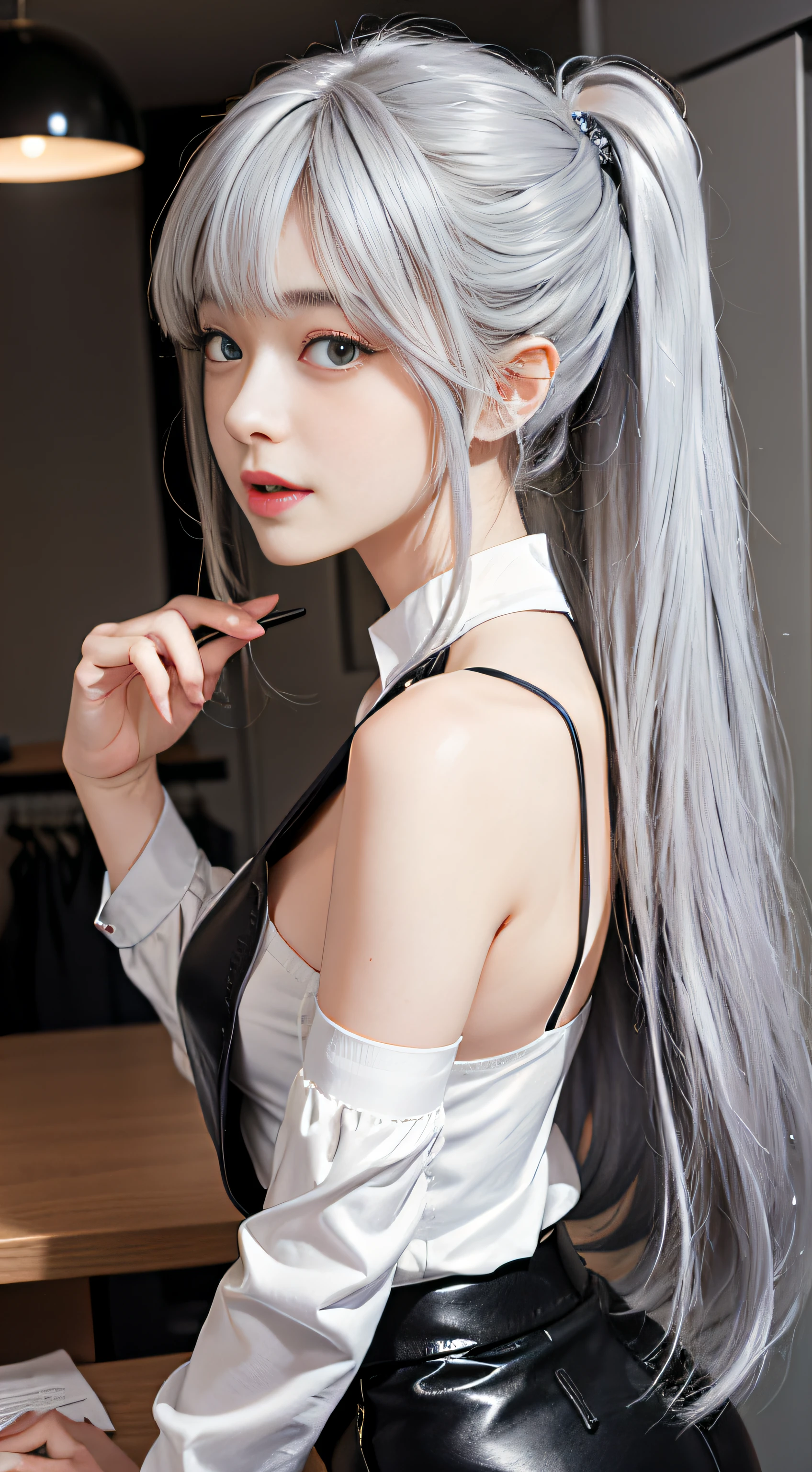 （Girl Standing In Office Changing Room）、（（posterior view））, Silver hair, Bangs, Blunt bangs, Long straight hair, （side poneyTail）aqua eyes, longeyelashes, Solid Circle Eyes, makeup, Open mouth, blush, Parted lips, Bright pupils, smiley, Seductive smile, glint, surrealism, Modern,Career Woman、）（white  shirt、off shoulders）、Black tight skirt、Black pantyhose、high-heels