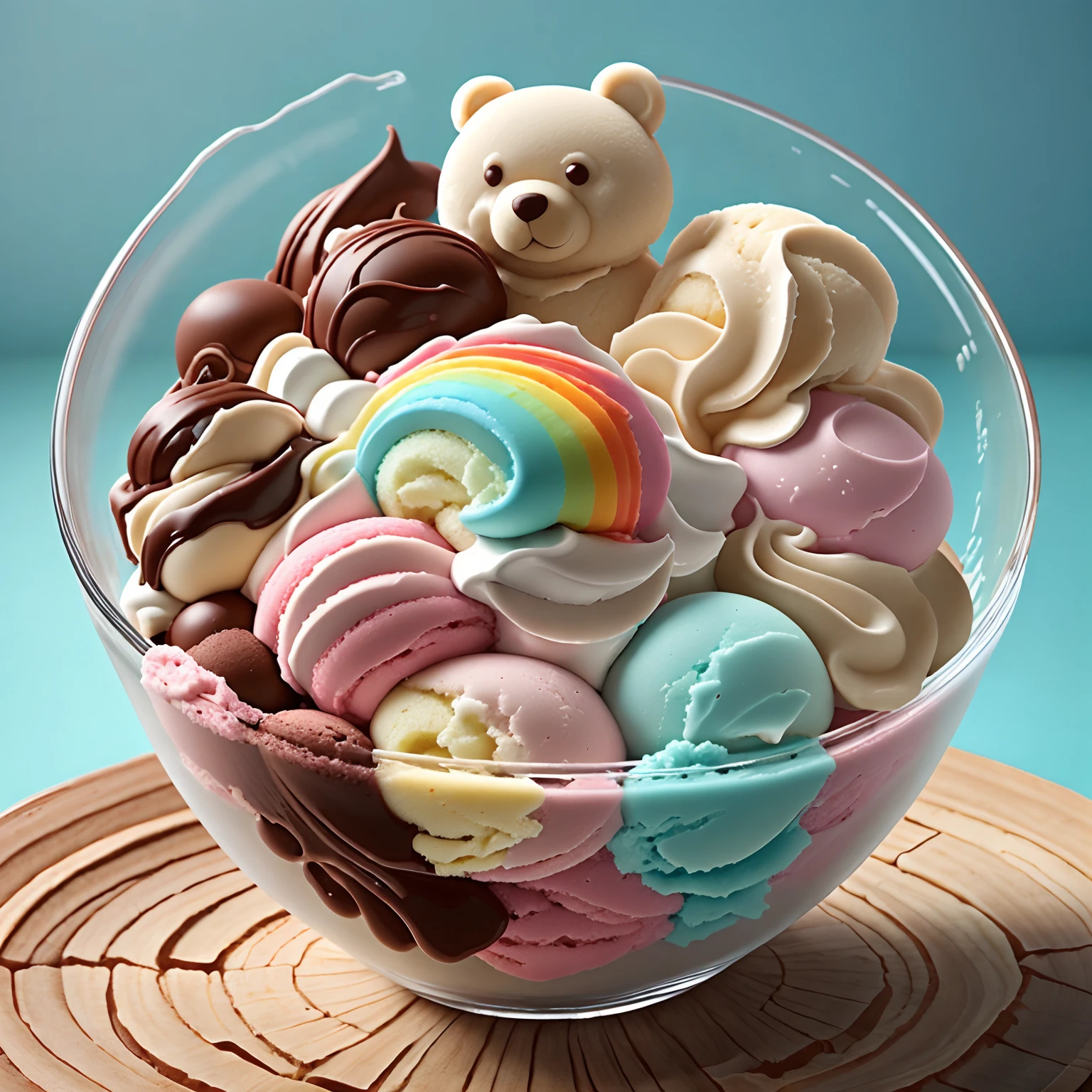 In a clear glass bowl，Filled with rainbow-colored ice cream，The ice cream is shaped like a spiral mountain，Top the ice cream with a small amount of chocolate sauce，Marshmallows and bear cookies