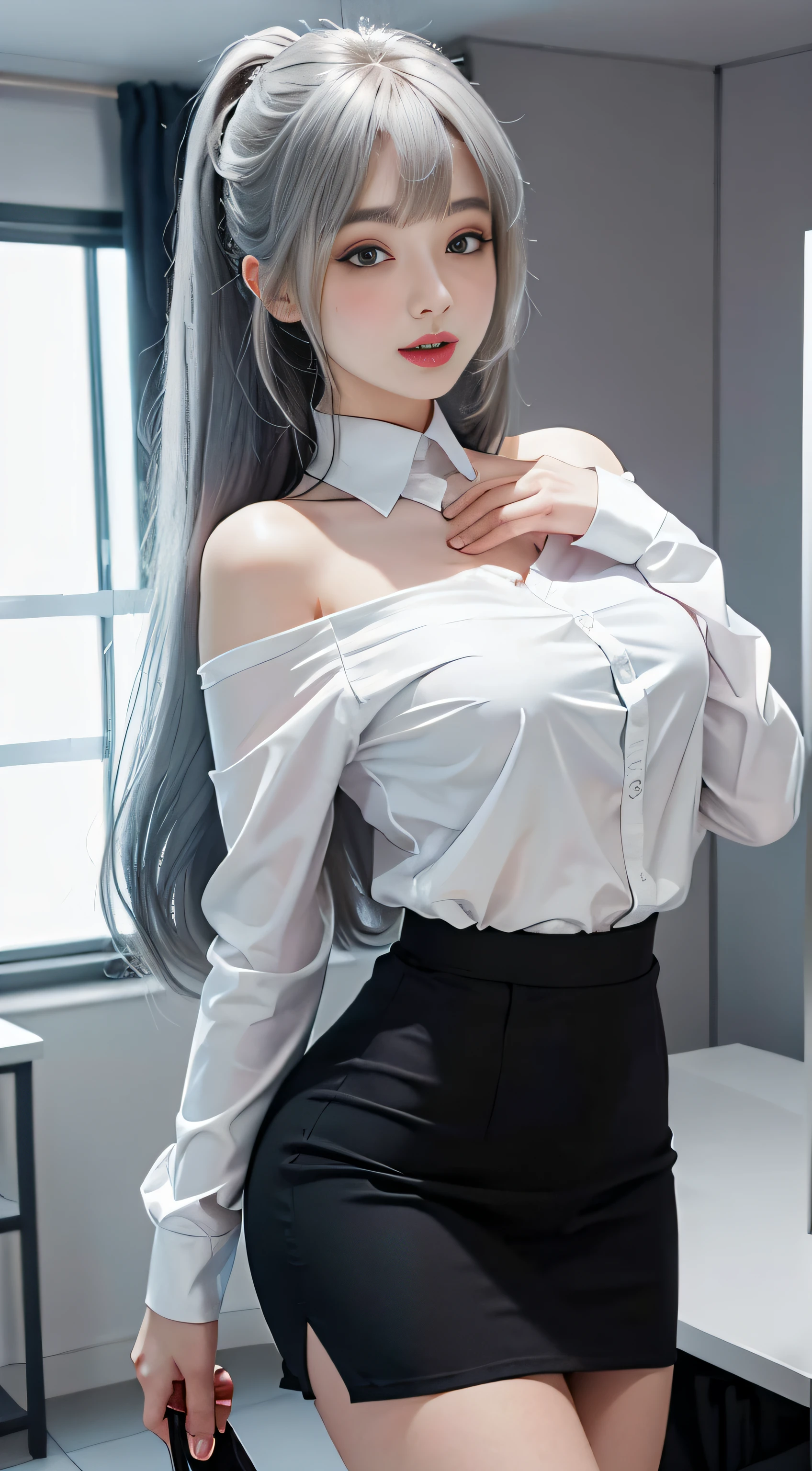 (Girl Standing In Office Changing Room)、((posterior view)), Silver hair, Bangs, Blunt bangs, Long straight hair, (side poneyTail)aqua eyes, longeyelashes, Solid Circle Eyes, makeup, Open mouth, blush, Parted lips, Bright pupils, smiley, Seductive smile, glint, surrealism, Modern,Career Woman、)(white shirt、off shoulders)、Black tight skirt、Black pantyhose、high-heels