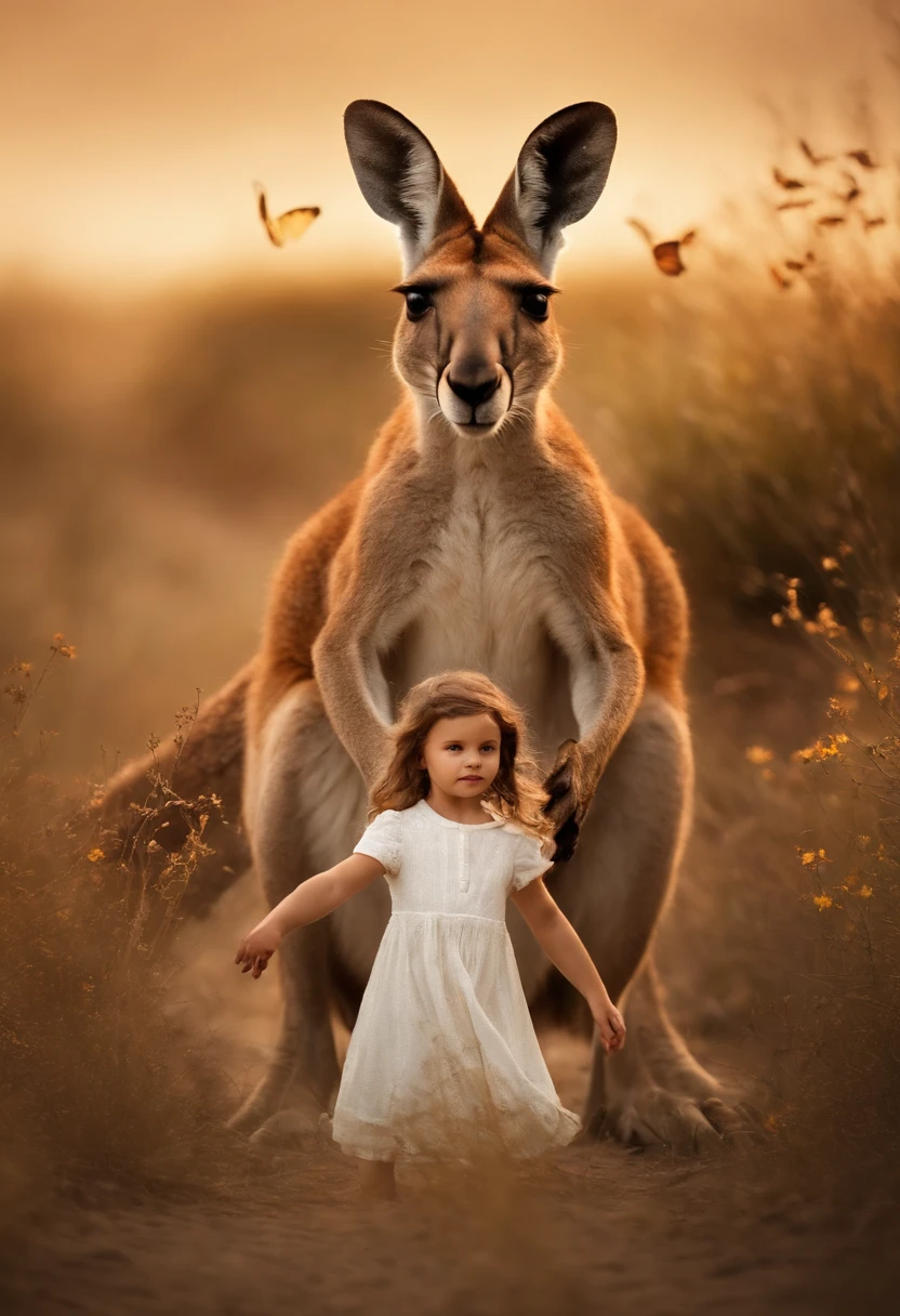 There is a kangaroo walking in the forest with butterflies around, Rei da selva, Senhor da Selva, olhando majestoso na floresta, Aslan the kangaroo, kangaroo, kangaroo in a meadow with hornbeam, Directed by: Kristian Kreković, Directed by: Adam Marczyński, Directed by: Sava Šumanović, foto de retrato, with the mane of a kangaroo next to a very  girl in white clothes