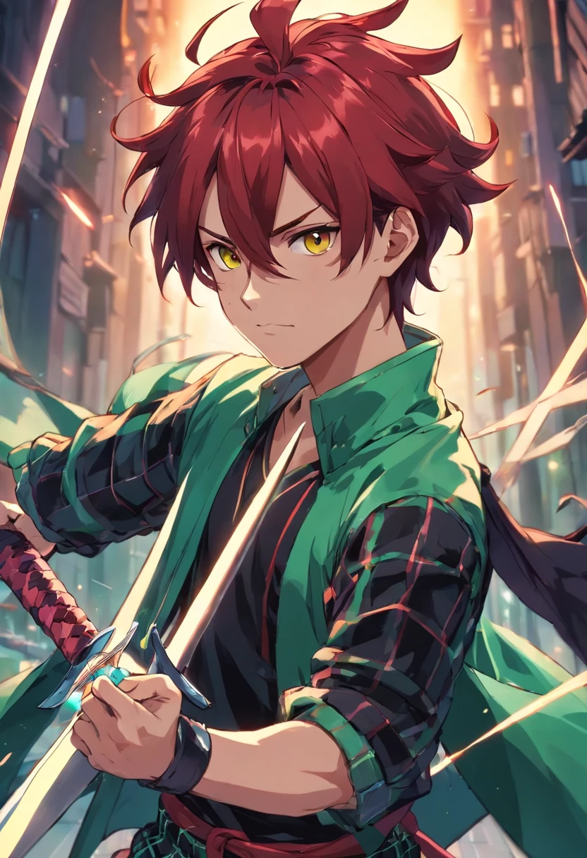 Demon Slayer anime, (NICHIRIN SWORDS) (TANJIRO), (ORIGINALOUTFIT), (SCAR,SCAR ON FOREHEAD, CHECKERED CLOTHES, 1BOY, RED HAIR),green and black clothes,