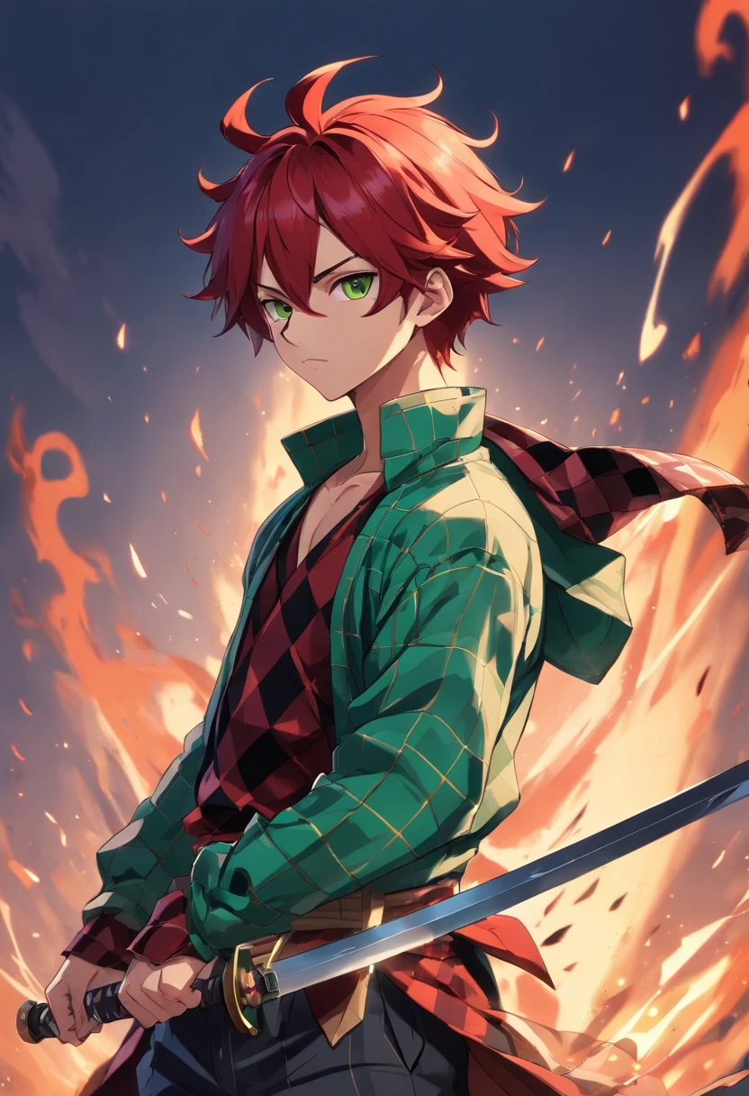 Demon Slayer anime, (NICHIRIN SWORDS) (TANJIRO), (ORIGINALOUTFIT), (SCAR,SCAR ON FOREHEAD, CHECKERED CLOTHES, 1BOY, RED HAIR),green and black clothes,