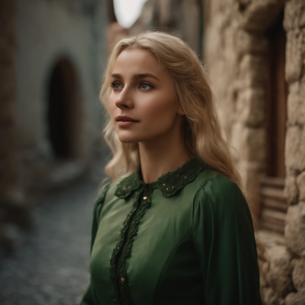 top-quality, masterpiece, ultra-detailliert, Girl Like an Elf, 独奏, blonde hair, Green clothing, Being in a European village