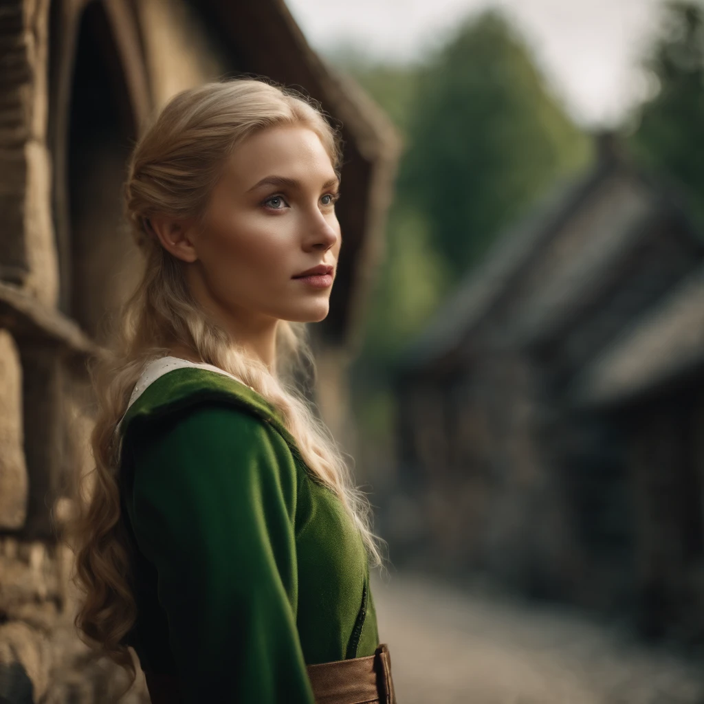 top-quality, masterpiece, ultra-detailliert, Girl Like an Elf, 独奏, blonde hair, Green clothing, Being in a European village