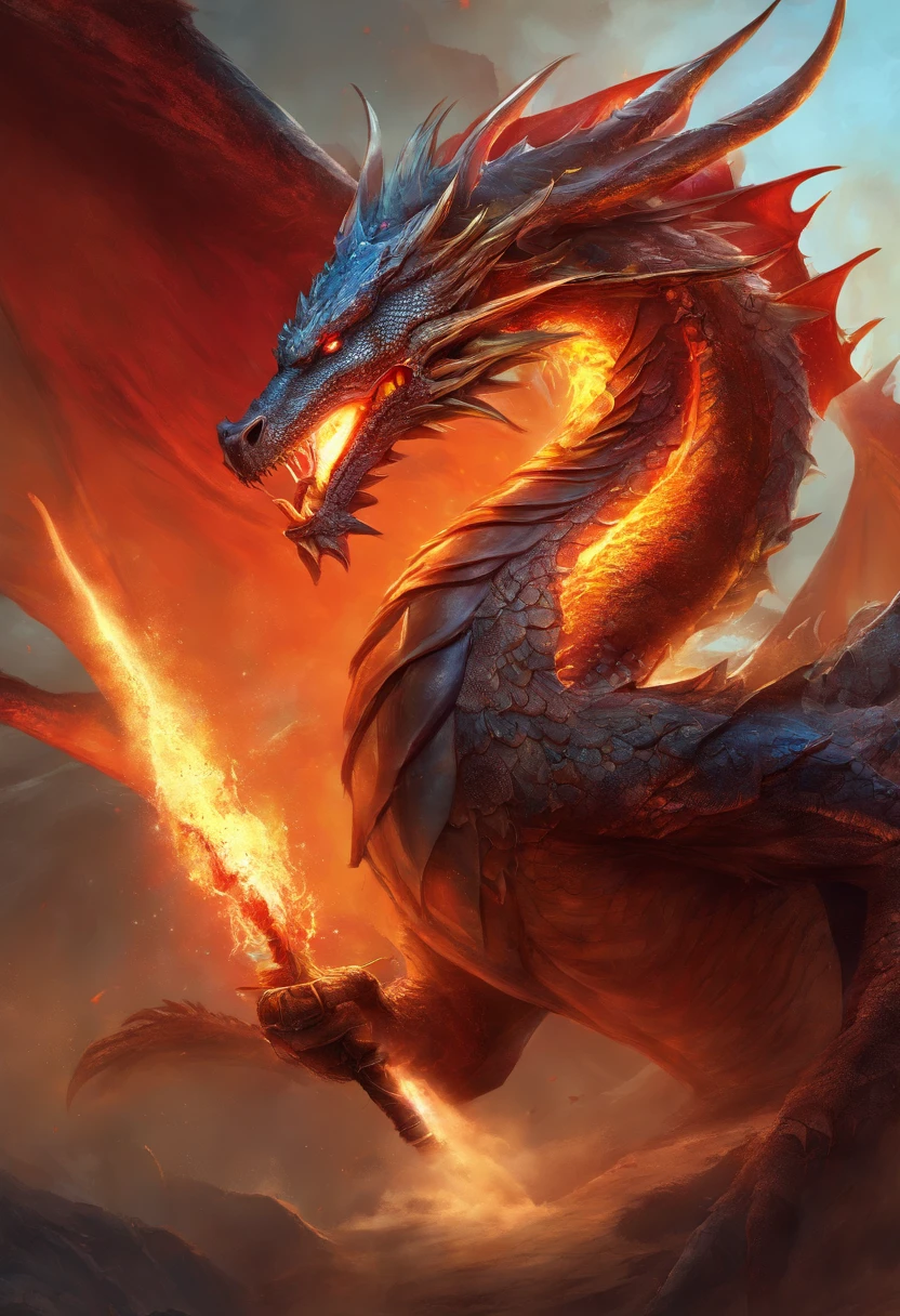 (Dragon Celestial Dorado) で (piercing red eyes),Close-up to let go (Bloodfire) Through the nose,Bullmetric Scale,hightquality,8K,Many details,Fire Paticles,Alas,4 Honji,Spotted nails,golds,danger,the fire,sharpteeth,Giant dragon,Colossal,threatening,imposing,Blue Scale