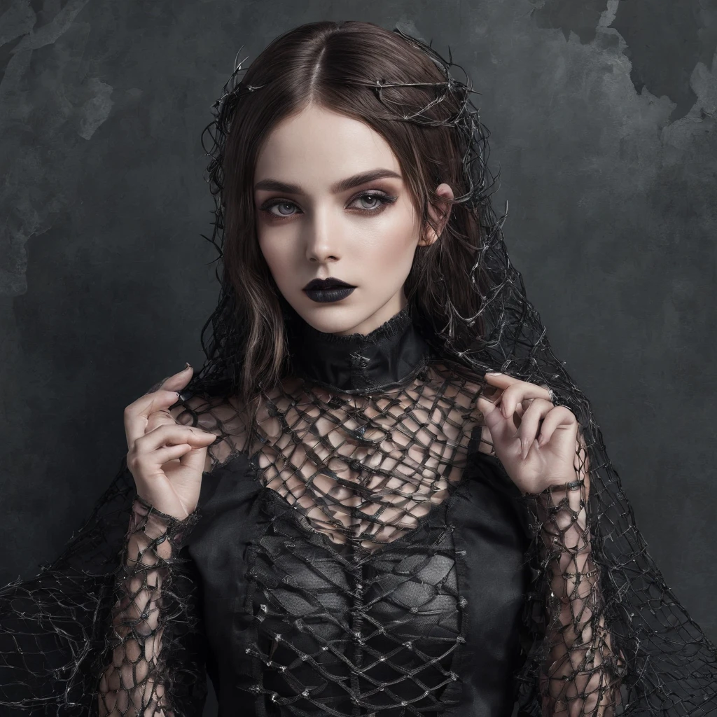 Girl with gothic net symbolic clothes, 。.com (Barbed wire of the body) brunette color hair,Gray hair ends