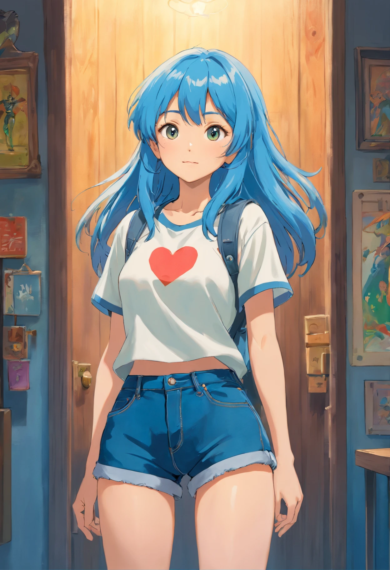 (best quality,ultra-detalhado,Realistic:1.37),macho musculoso sem camisa, belos olhos detalhados, beautiful detailed lips, long eyelashes, flowing blue hair, barba,do not wear shoes, Feliz, [Sem camisa], [barefoot],Pelo detalhado, fundo azul, studio lighting, fotorrealista, vivid colors, vestindo shorts jeans