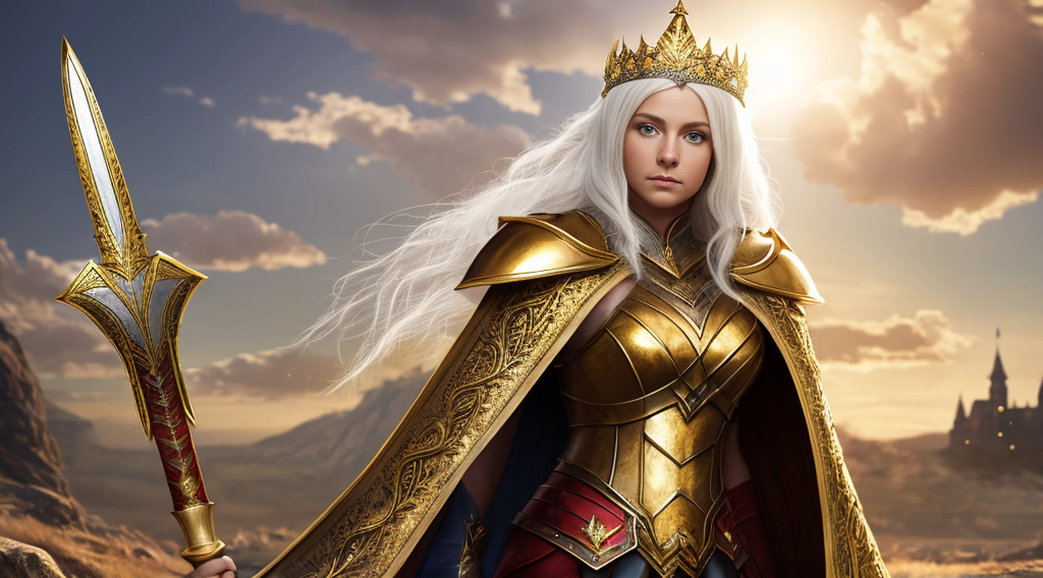 ((best quality)), ((masterpiece)), (((realistic)), (A tall, white-haired elf woman), full body, green eyes, female face, (holding a sword and shield), carved metal top, real aura, trend in artstation, sharp focus, studio photo, intricate detail, very detailed, detailed eye, illustration, very detailed, sharp focus, digital rendering, professional, 4k, (masterpiece, top quality, best quality, official, beautiful and aesthetic art: 1.2), (golden queen's armor, fur-lined cape, jeweled crown: 1.2), serious, facing a castle, late afternoon, (sunset), facing the viewer, --auto