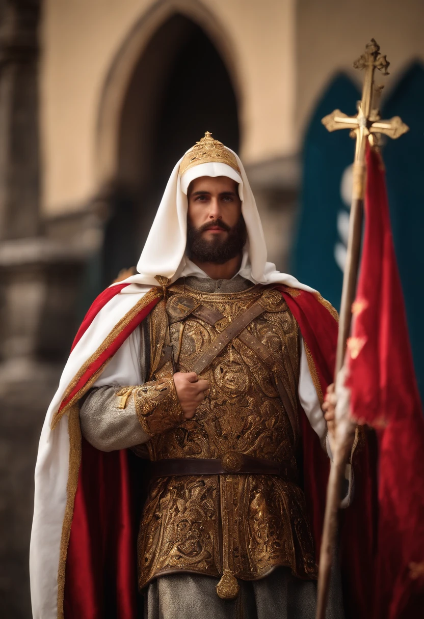 soldado romano segurando uma cruz escrita hoje. Foto realista. Catholic saint. Santo Expedito. Homem bonito, soldado bonito.