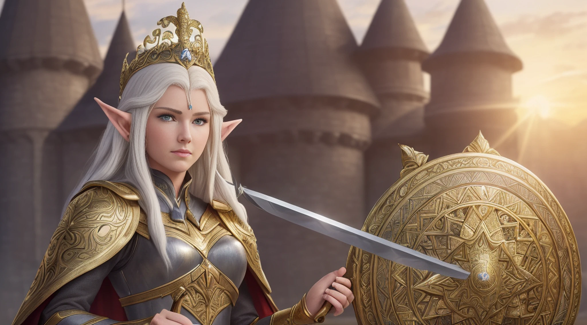 ((best quality)), ((masterpiece)), (((realistic)), (A tall, white-haired elf woman), full body, green eyes, female face, (holding a sword and shield), carved metal top, real aura, trend in artstation, sharp focus, studio photo, intricate detail, very detailed, detailed eye, illustration, very detailed, sharp focus, digital rendering, professional, 4k, (masterpiece, top quality, best quality, official, beautiful and aesthetic art: 1.2), (golden queen's armor, fur-lined cape, jeweled crown: 1.2), serious, facing a castle, late afternoon, (sunset), facing the viewer, --auto