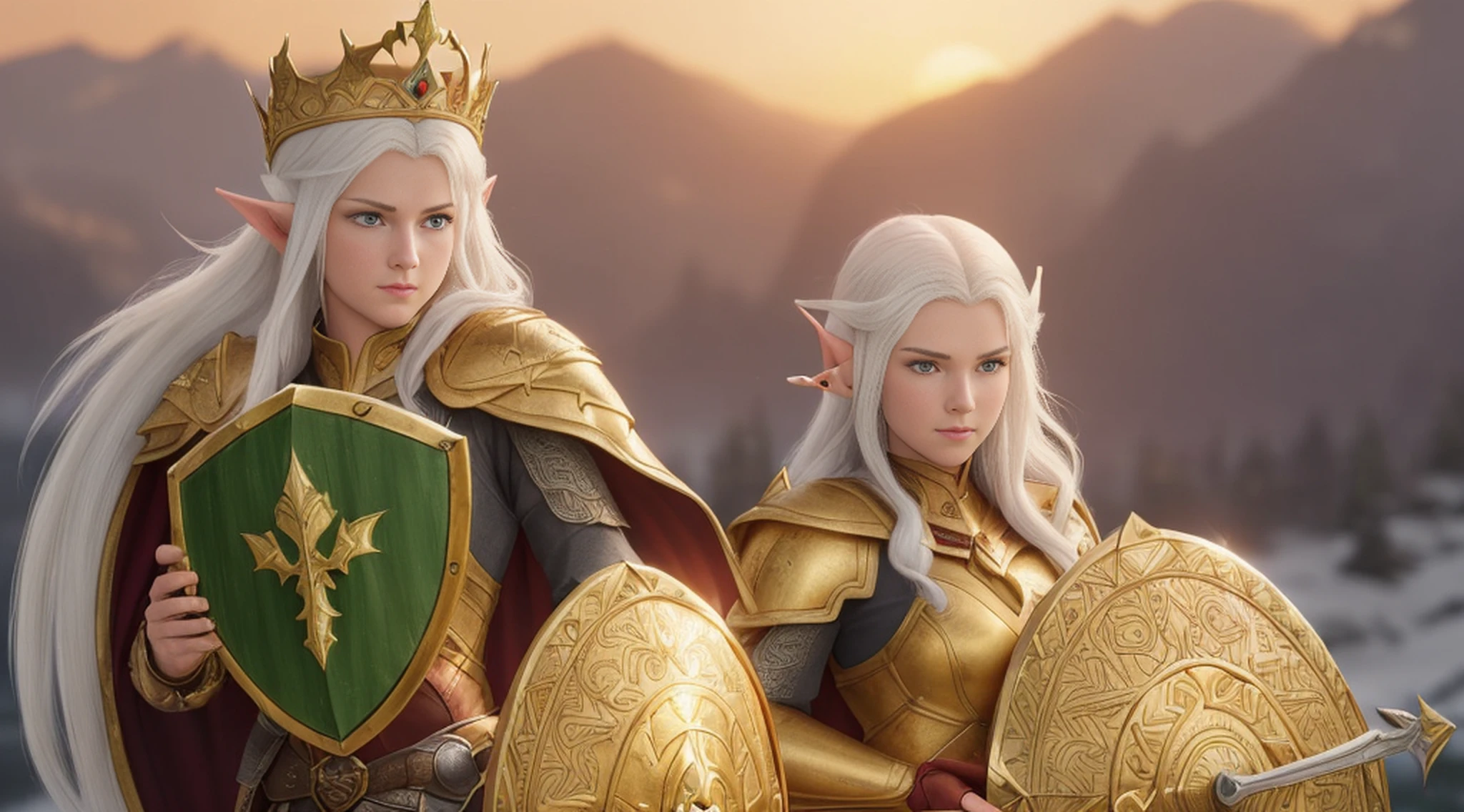 ((best quality)), ((masterpiece)), (((realistic)), (A tall, white-haired elf woman), full body, green eyes, female face, (holding a sword and shield), carved metal top, real aura, trend in artstation, sharp focus, studio photo, intricate detail, very detailed, detailed eye, illustration, very detailed, sharp focus, digital rendering, professional, 4k, (masterpiece, top quality, best quality,  official, beautiful and aesthetic art: 1.2), (golden queen's armor, fur-lined cape, jeweled crown: 1.2), serious, facing a castle, late afternoon, (sunset), facing the viewer, --auto