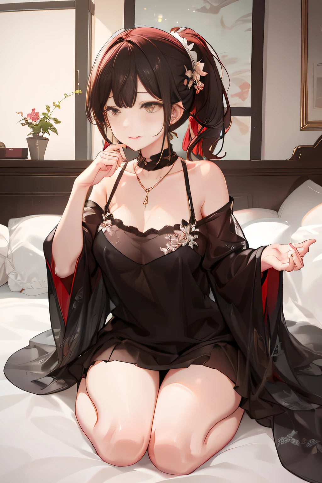 Blushing cheeks、shyly smile、optic、Upper body naked、Lovely woman,48 years old Shirtless、florals、hair pin、a necklace、piercings、Sleeping face down on the bed、depth of fields、pointed red mouth、Glossy reddish-brown shorthair、disheveled ponytail、closing eye、鎖骨、Beautiful fingers、Hourglass body、portrait of a full body、Yawn with mouth wide open、Grimacing in pain、Angle from behind、Look back and watch your audience、