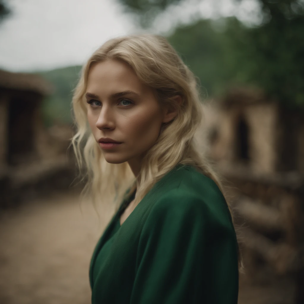 top-quality, ​masterpiece, ultra-detailliert, Girl Like an Elf, 独奏, blonde  hair, Green clothing, Being in a European village, Sad look