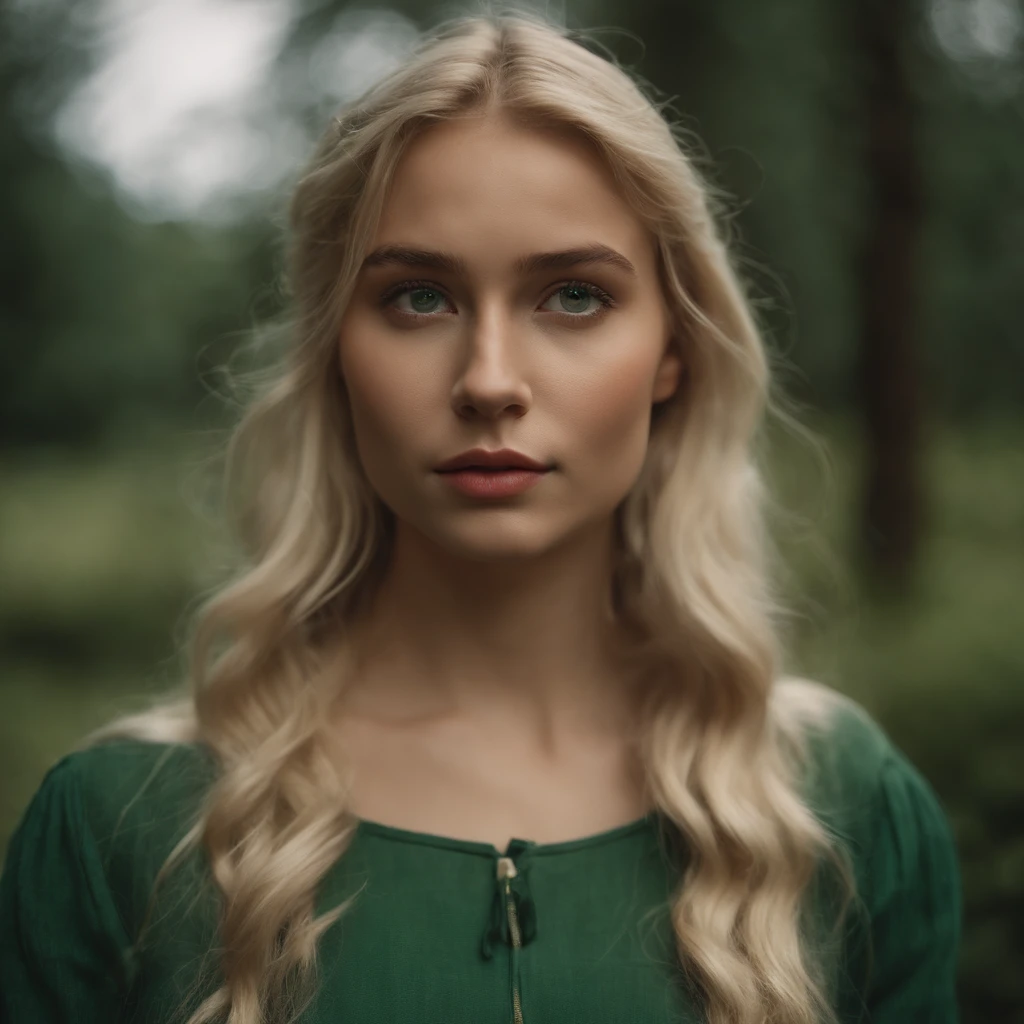 top-quality, ​masterpiece, ultra-detailliert, Girl Like an Elf, 独奏, blonde  hair, Green clothing, Being in a European village, Sad look
