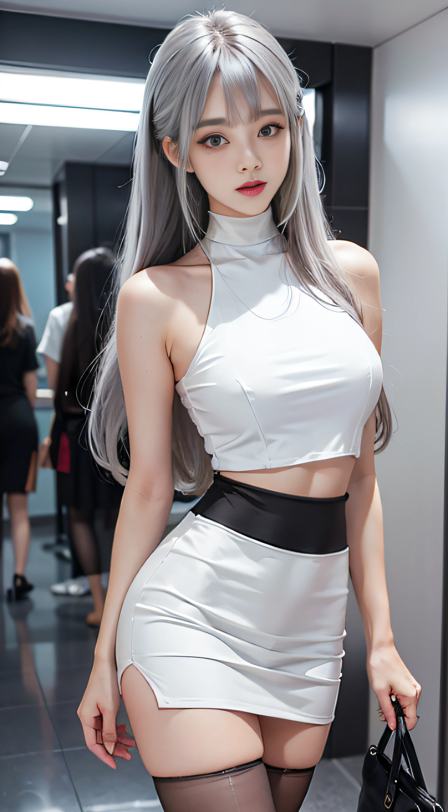 (Girl Standing In Office Changing Room)、((posterior view)), Silver hair, Bangs, Blunt bangs, Long straight hair, (side poneyTail)aqua eyes, longeyelashes, Solid Circle Eyes, makeup, Open mouth, blush, Parted lips, Bright pupils, smiley, Seductive smile, glint, surrealism, Modern,Career Woman、)Lou(white shirt、off shoulders)、Black tight skirt、Black pantyhose、high-heels、(White loose crop top, Black tight skirt: 1.6)