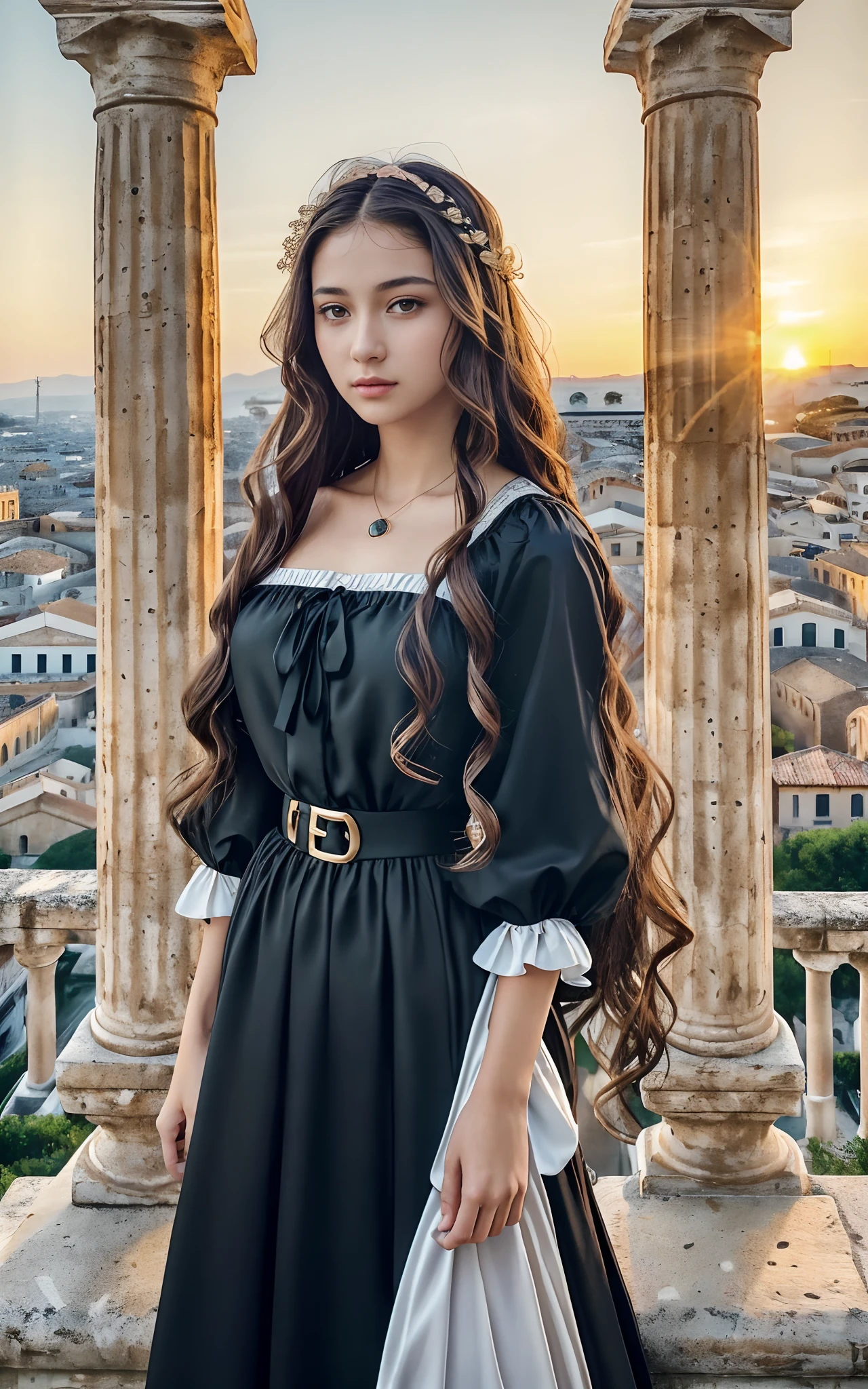 Photo. On the cover of Teen Vogue. Text Says"Tenalisa" Teenage Mona Lisa, 14 years old in black long skirt dress, She has a brunette, Strong confidence standing to meet you. Roman columns and arches created by Greek columns are in the background, On the rooftops of Italian cities, Sunrise sky on background, In the foreground is an empty luxurious wooden chair, In the distance behind her, Leonardo da Vinci facing backwards, Far bridge, The light of sunrise shines here, Cinematic, high detailing, (credibly_absurderes,Huge_filesize:1.37),(masterpiece:1.37),(top-quality:1.37),(realisitic,Photorealsitic:1.2),Ray traching,Realistic lighting,(illuminations,Glow),((film grains:1.37)),(Exquisite details and textures:1.2),(8K分辨率:1.2),(ultra -detail:1.2),(Sharp Focus 1.2),(Raw photography:1.0),(Beautiful Detail Face、Beautiful Detail Eye、 radiant eyes、long eyeslashes、blush of the nose:1.2)、((((perfect anatomia))))、Ceremony、1girl in、独奏、a beauty girl、High class、(A slender:1.37)、(cute face)、(Natural glowing skin:1)、(Detailed natural skin、detailed skin textures、Detailed black hair、Well-formed hairstyles)、Facial light、(ciinematic light)