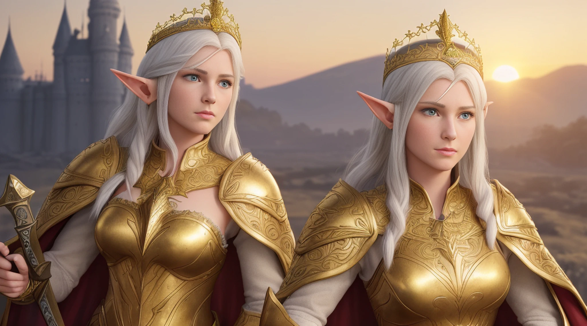 ((best quality)), ((masterpiece)), (((realistic)), (A tall, white-haired elf woman), full body, green eyes, female face, (holding a sword and shield), carved metal top, real aura, trend in artstation, sharp focus, studio photo, intricate detail, very detailed, detailed eye, illustration, very detailed, sharp focus, digital rendering, professional, 4k, (masterpiece, top quality, best quality,  official, beautiful and aesthetic art: 1.2), (golden queen's armor, fur-lined cape, jeweled crown: 1.2), serious, facing a castle, late afternoon, (sunset), facing the viewer, --auto
