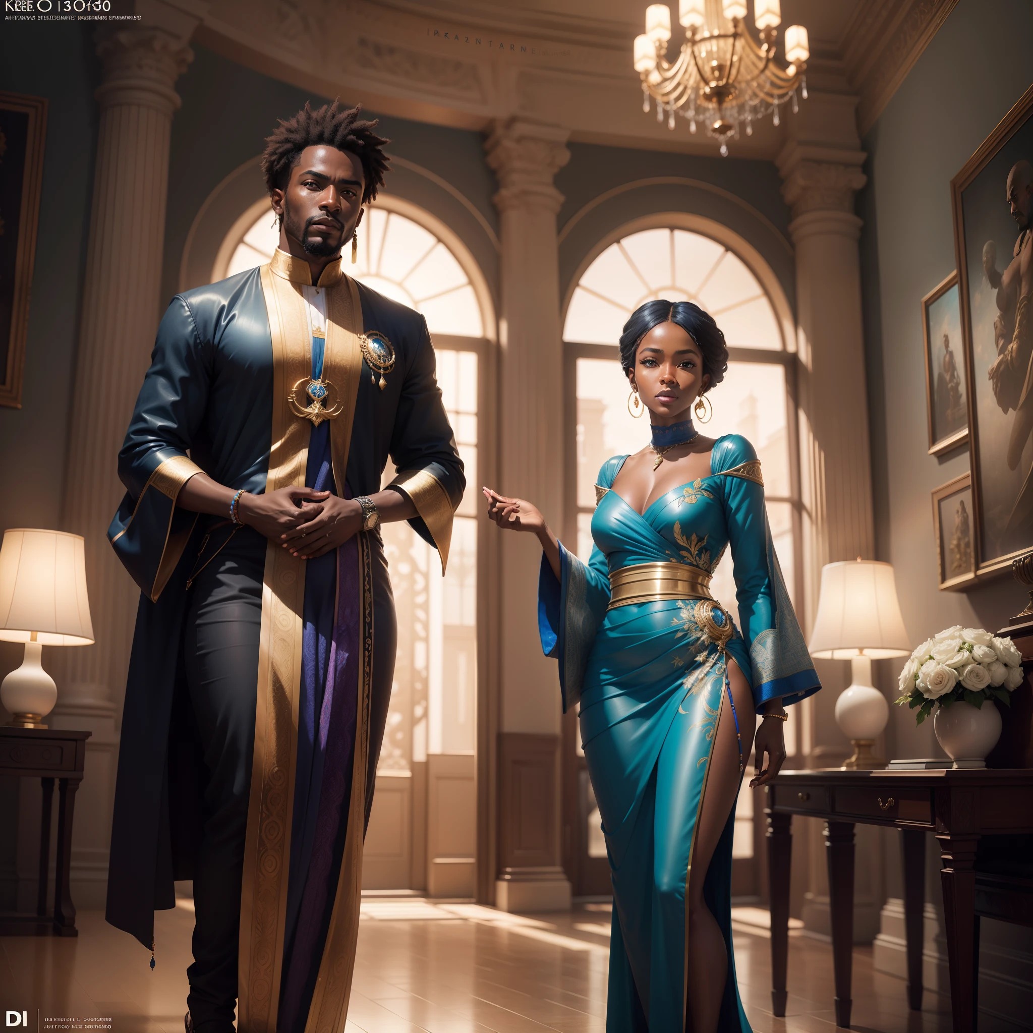 African man dressed in an elegant african designed clothes, standing inside a beautiful elegant palace, full of blue coloured and chrome glossy african designed furniture and African designed sculptures, chandelier on the ceiling shining soft beautiful light, with iridescent light, highly detailed images, highly brant detailed facial features, highly detailed hands and legs, beautiful colours, photorealistic image, 32k, ultra HD, unreal engine rendered, cinematic lighting, artgerm style,with iridescent light, highly detailed images, vibrant beautiful colours, photorealistic image, 32k, ultra HD, unreal engine rendered, cinematic lighting, artgerm style, bright skin, ultra sharp focus, realistic shotmasterpiece,k hd,hyper HD,32K, A high resolution, the detail, Sharp Re, Nikon D850 Film Stock Photo by Jefferies Lee 4 Kodak Portra 400 Camera F1.6 shots, Rich colors,